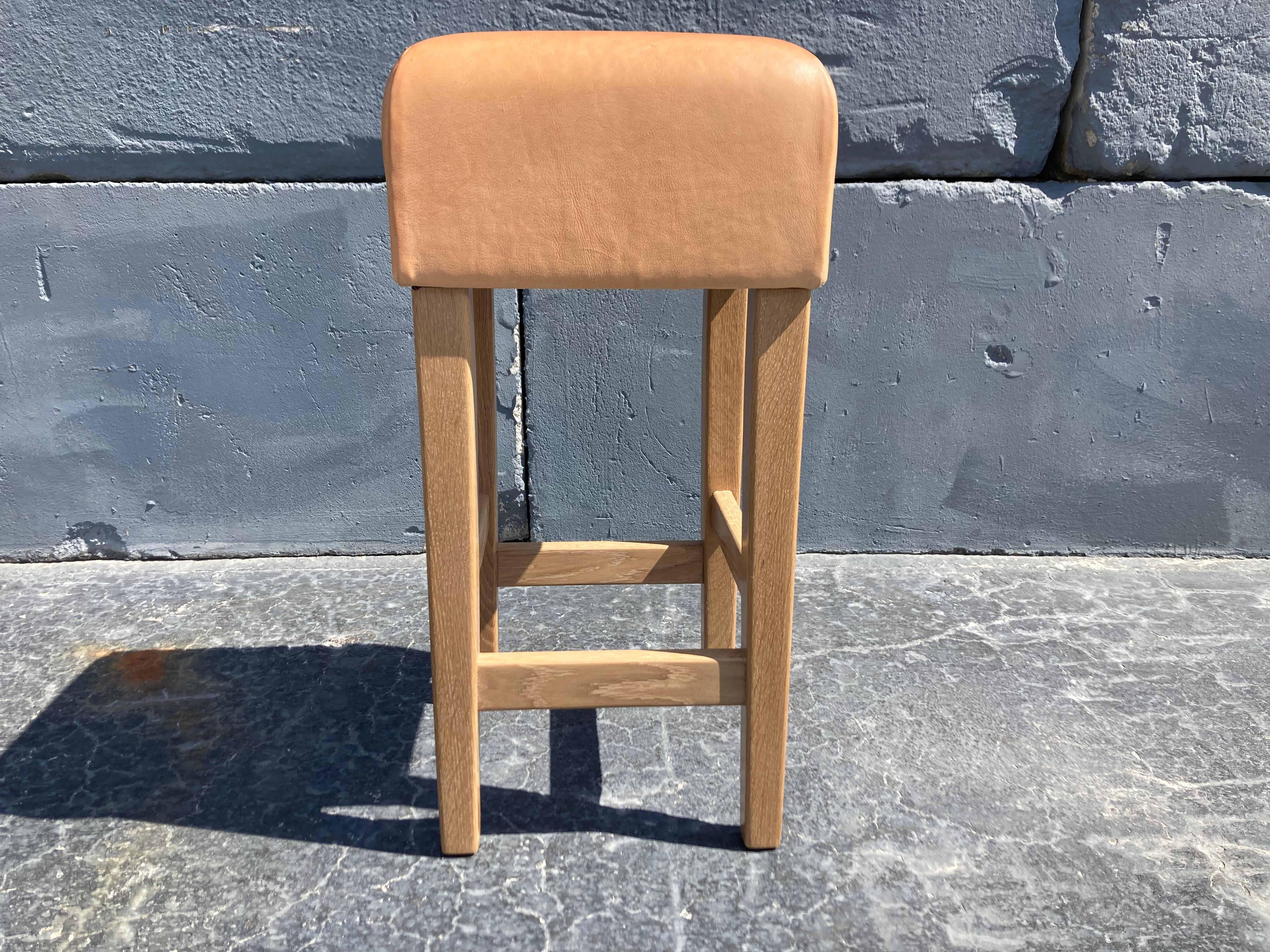 Oak and Cognac Saddle Leather Bar Stool in the Style of Jean-Michel Frank For Sale 7