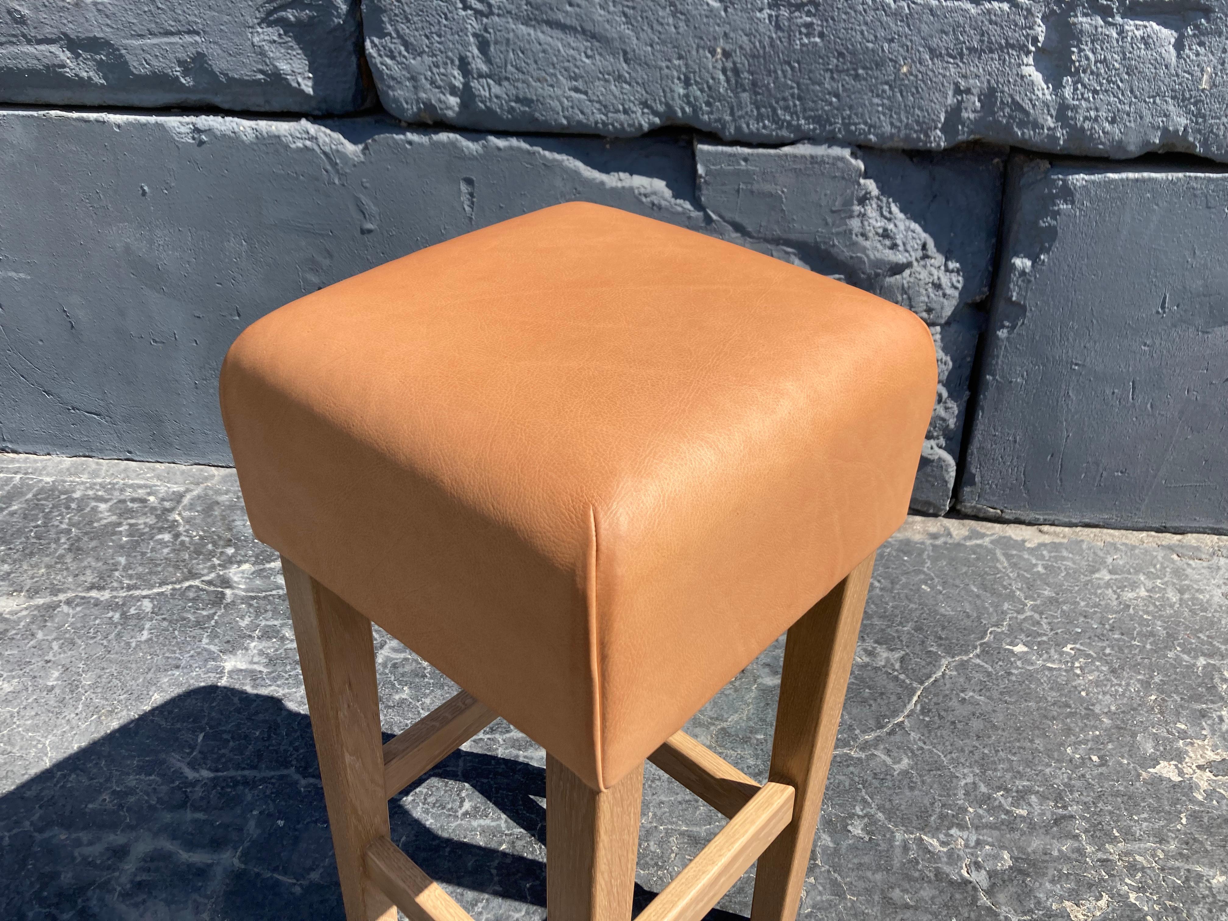 Oak and Cognac Saddle Leather Bar Stool in the Style of Jean-Michel Frank For Sale 8
