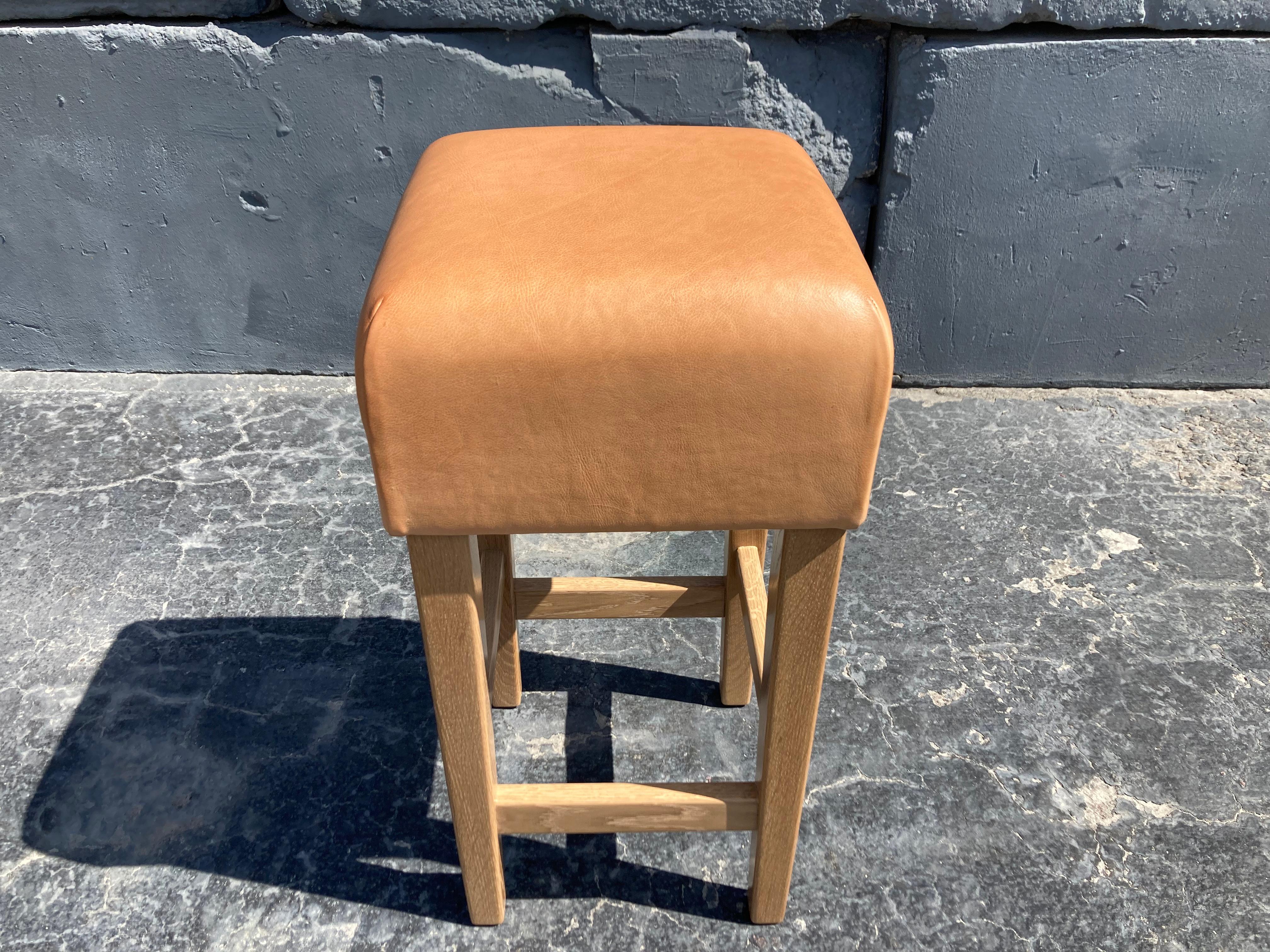 Oak and Cognac Saddle Leather Bar Stool in the Style of Jean-Michel Frank For Sale 9