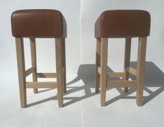 Oak and Cognac Saddle Leather Bar Stool in the Style of Jean-Michel Frank