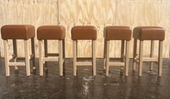 Oak and Cognac Saddle Leather Bar Stool in the Style of Jean-Michel Frank