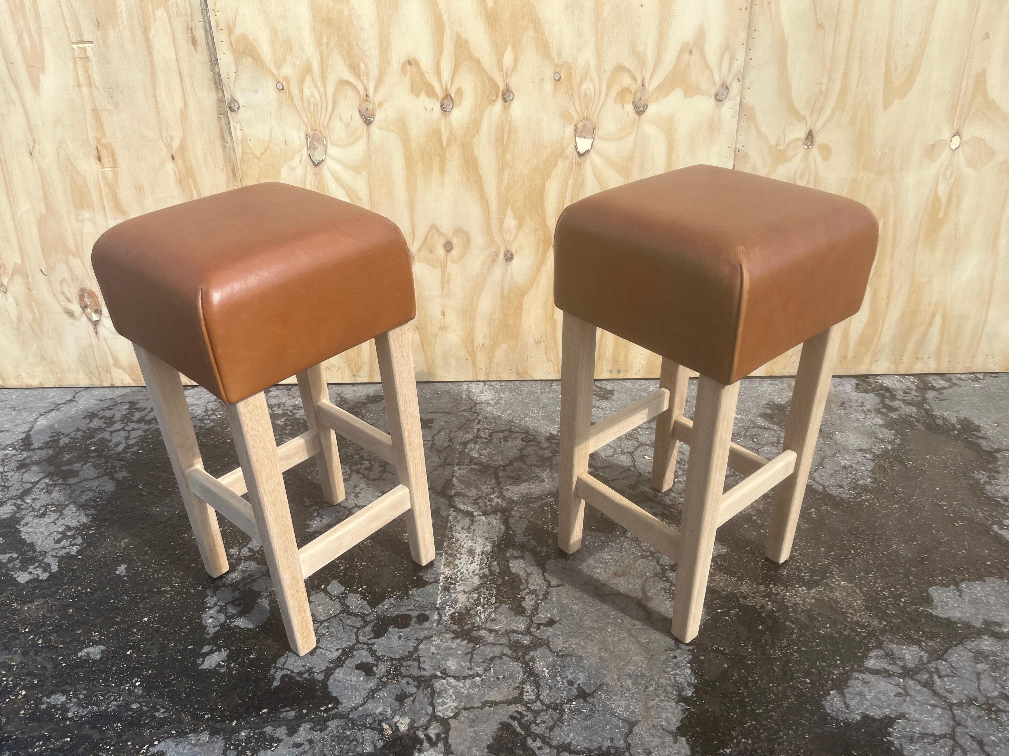 Modern Oak and Cognac Saddle Leather Bar Stool in the Style of Jean-Michel Frank For Sale