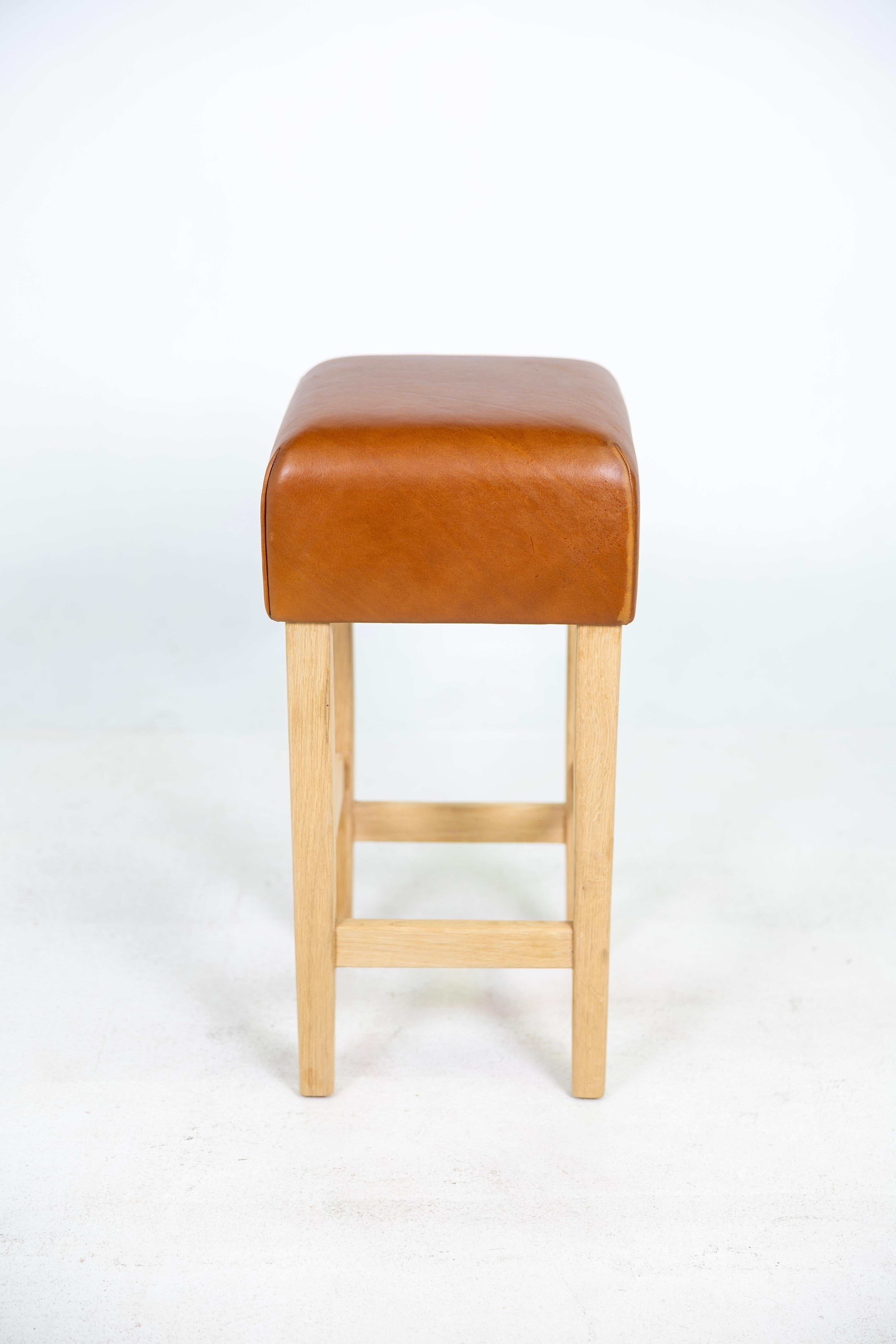 Modern Oak and Cognac Saddle Leather Bar Stool in the Style of Jean-Michel Frank For Sale