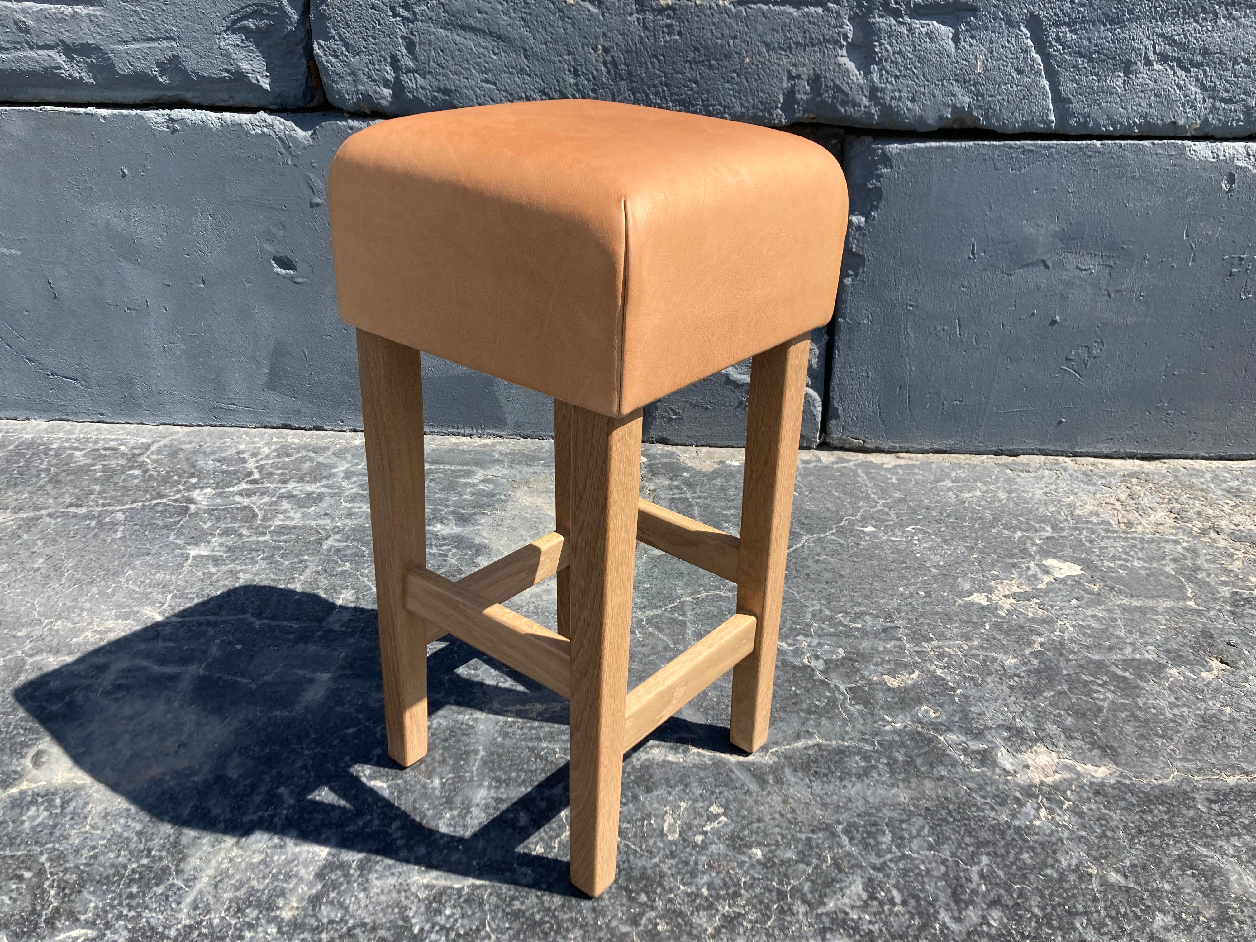 Modern Oak and Cognac Saddle Leather Bar Stool in the Style of Jean-Michel Frank For Sale