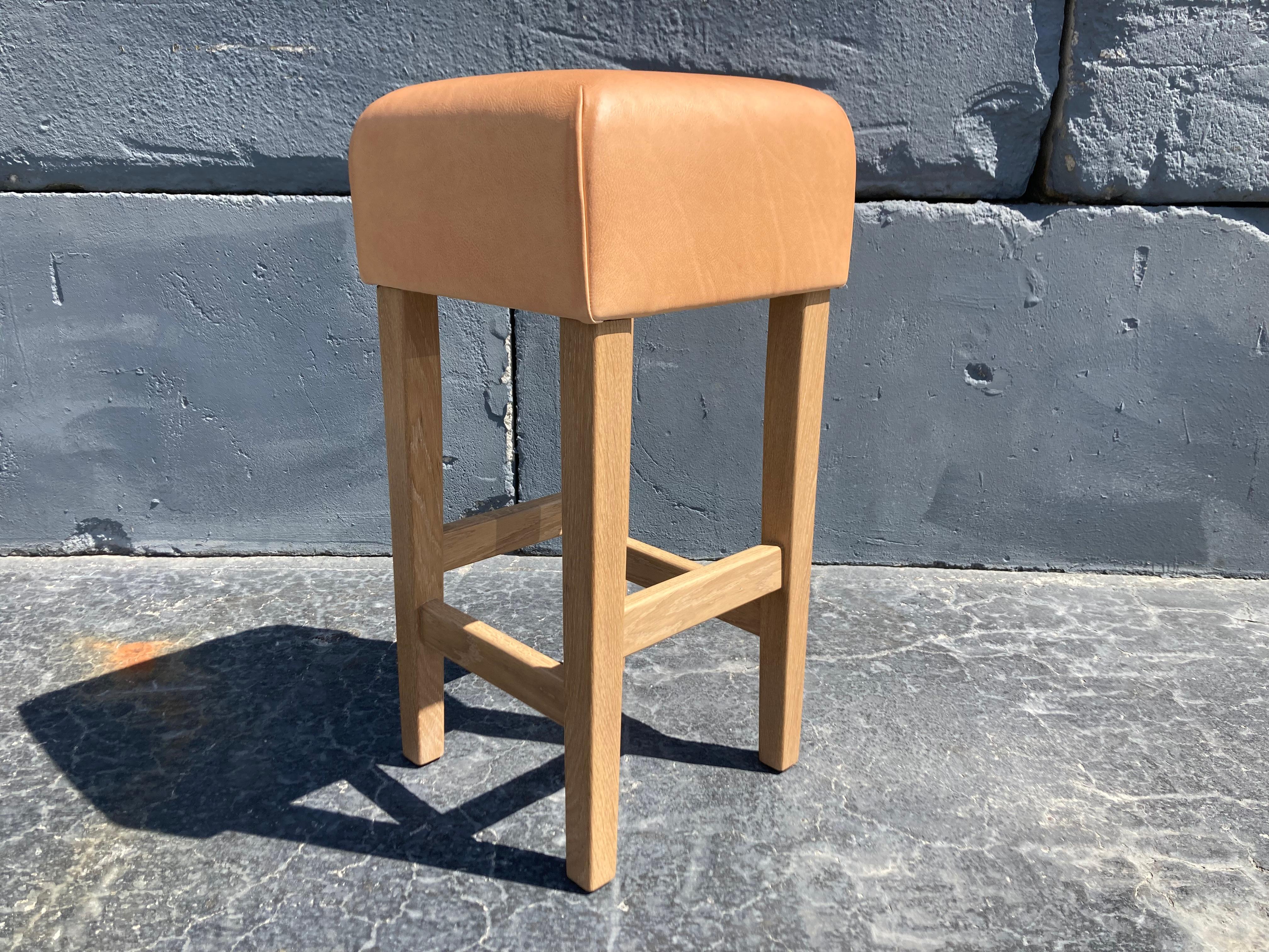 American Oak and Cognac Saddle Leather Bar Stool in the Style of Jean-Michel Frank For Sale
