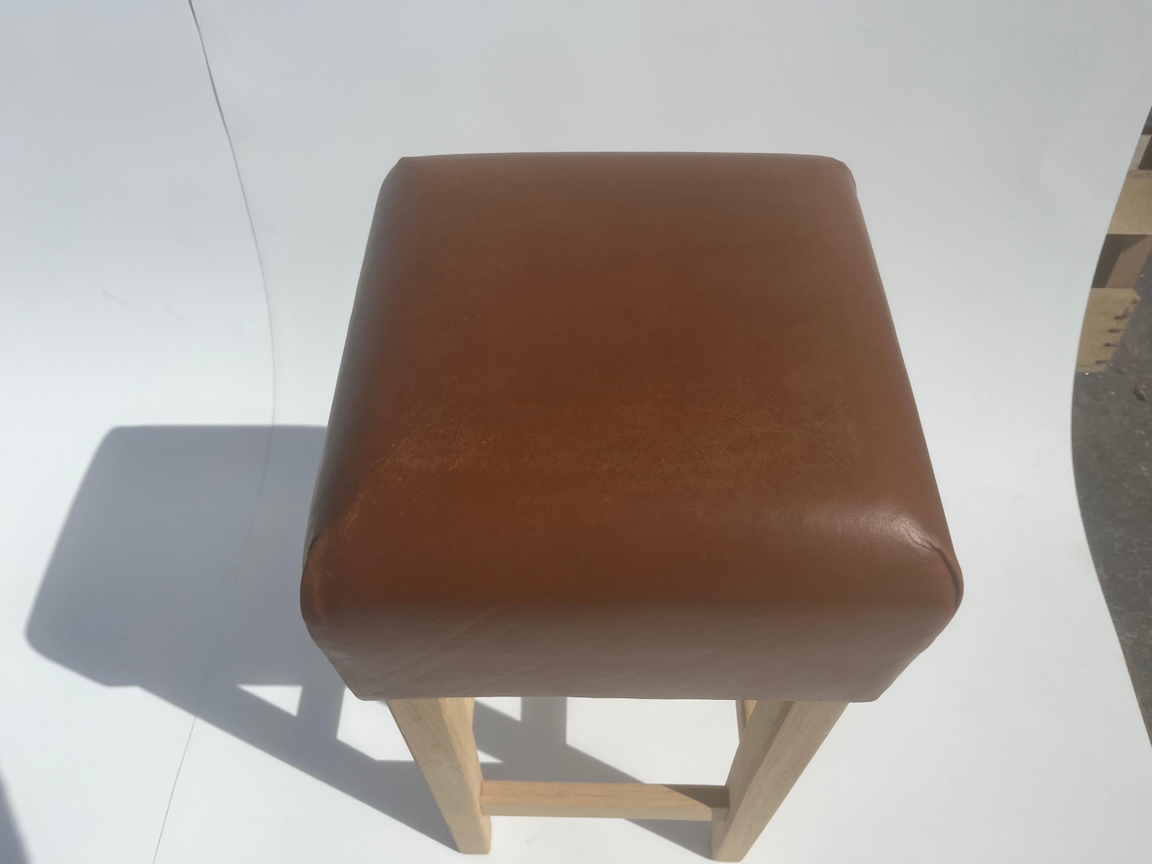 Oak and Cognac Saddle Leather Bar Stool in the Style of Jean-Michel Frank For Sale 1