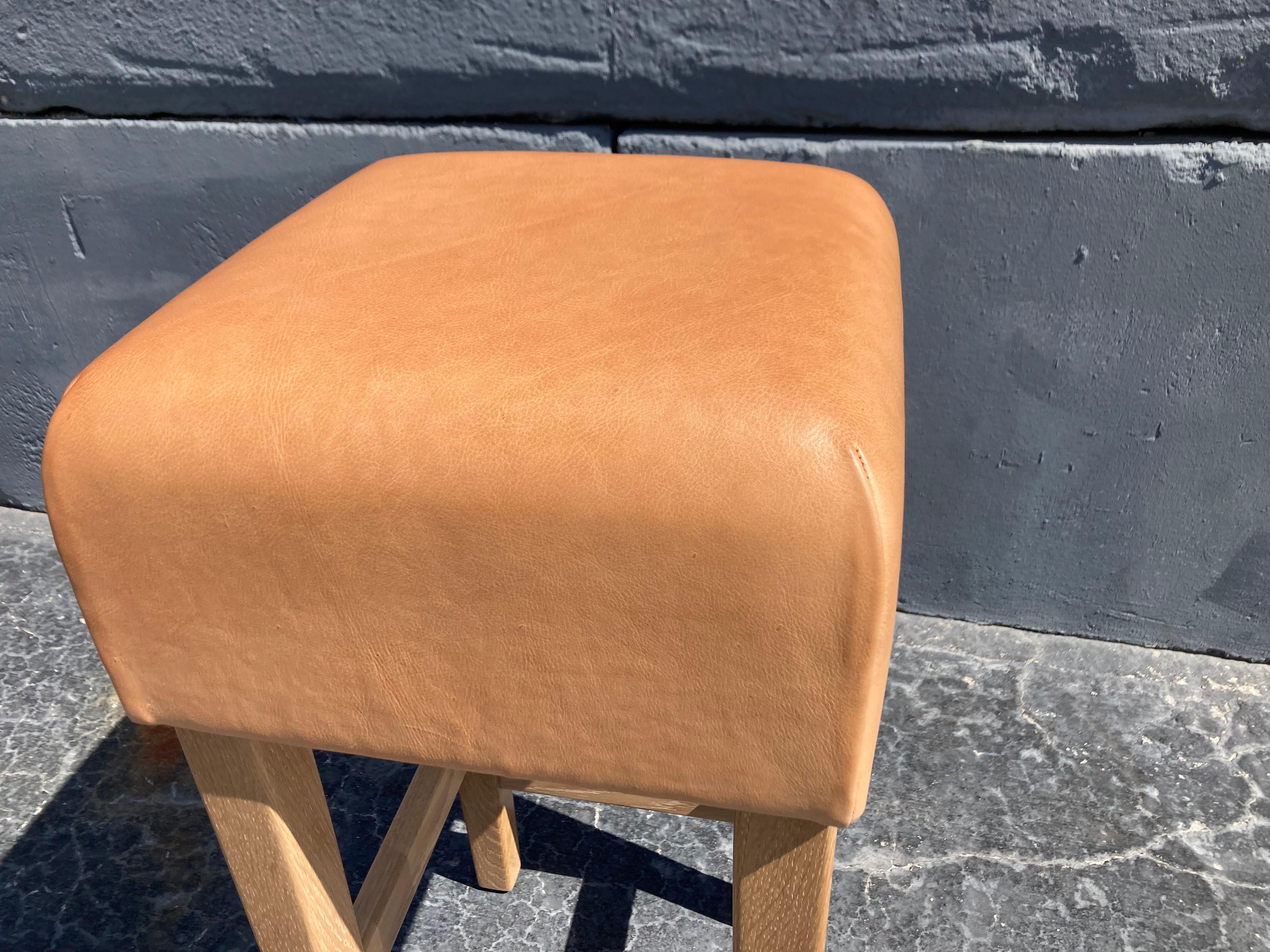 Contemporary Oak and Cognac Saddle Leather Bar Stool in the Style of Jean-Michel Frank For Sale