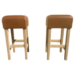 Oak and Cognac Saddle Leather Bar Stool in the Style of Jean-Michel Frank