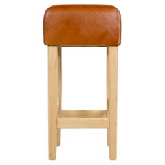 Oak and Cognac Saddle Leather Bar Stool in the Style of Jean-Michel Frank