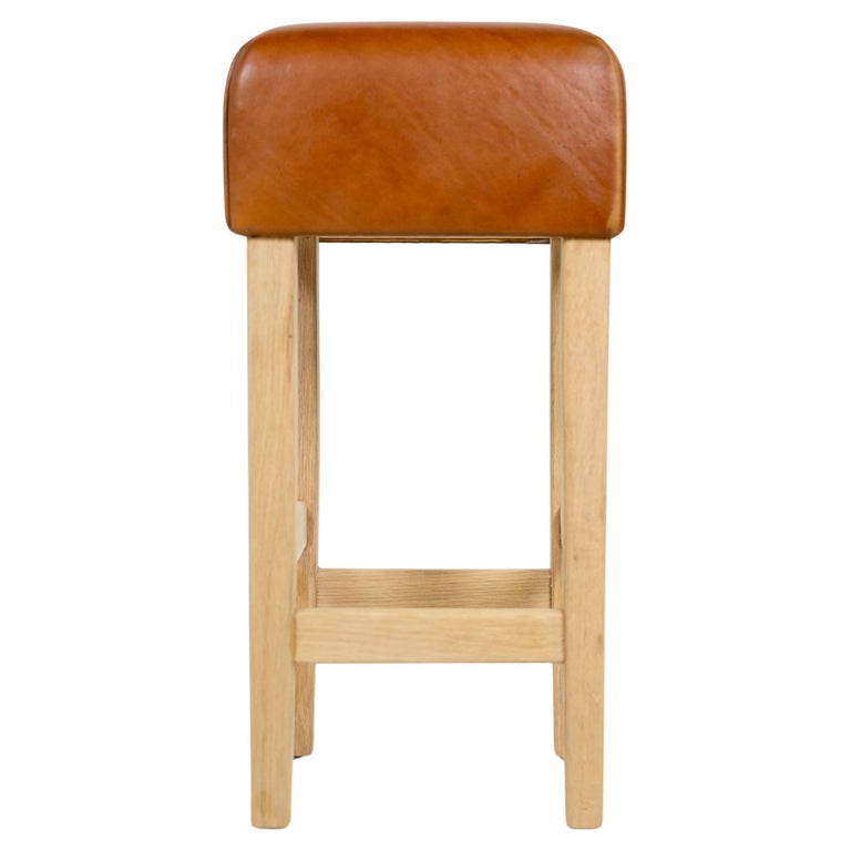 Oak and Cognac Saddle Leather Bar Stool in the Style of Jean