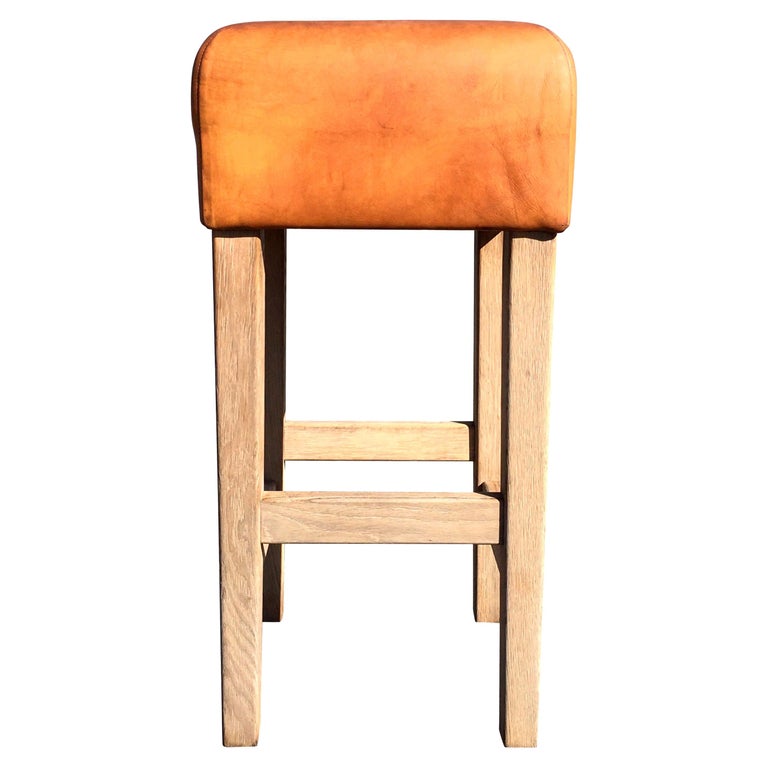 Oak and Cognac Saddle Leather Bar Stools in the Style of Jean-Michel Frank