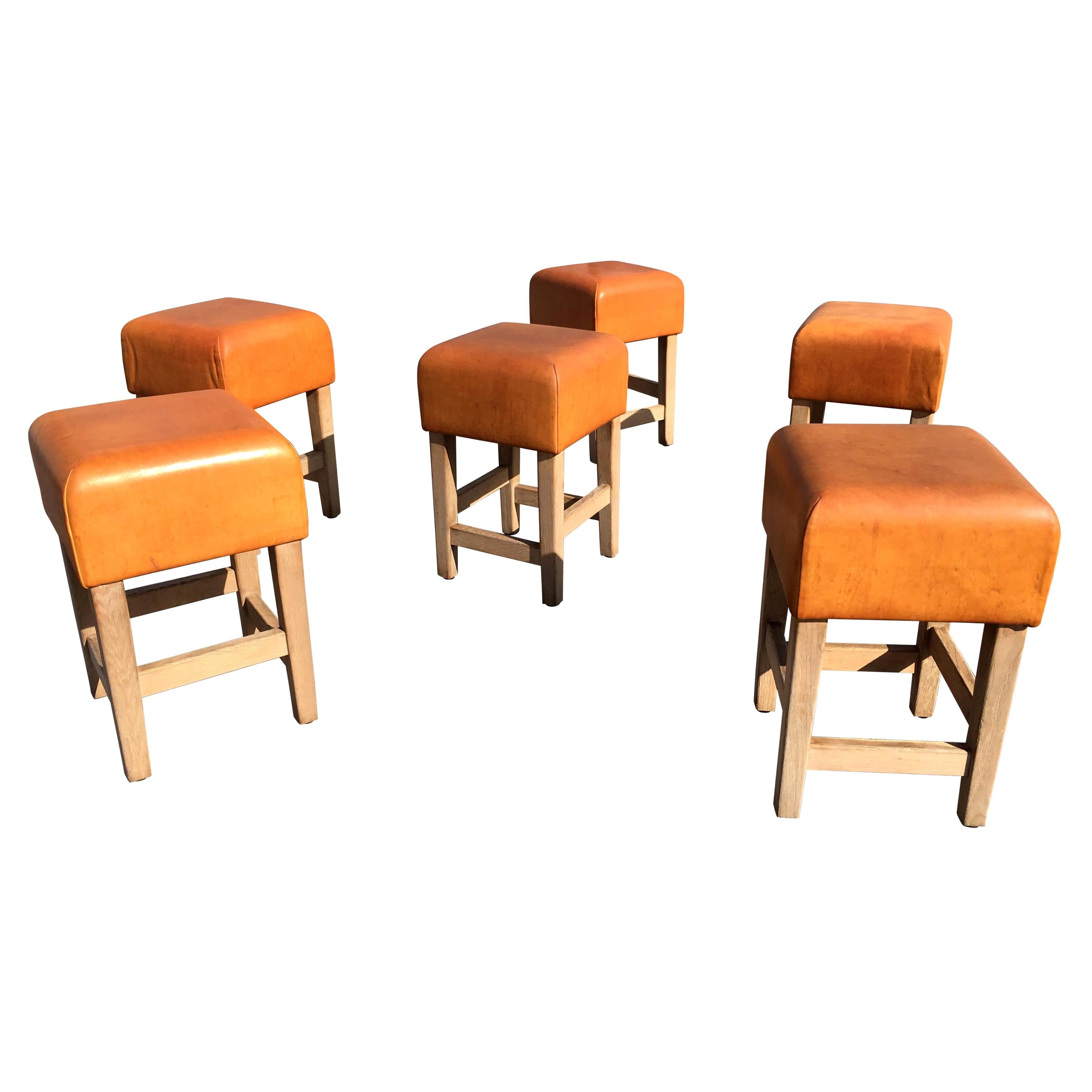 Oak and Cognac Saddle Leather Stools or Chairs in the Style of Jean-Michel Frank