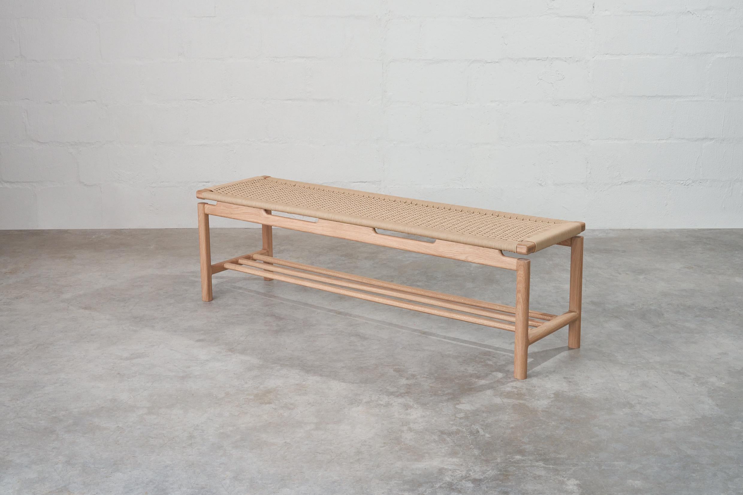 Hand-Crafted Oak and Cord Woven Bench  For Sale