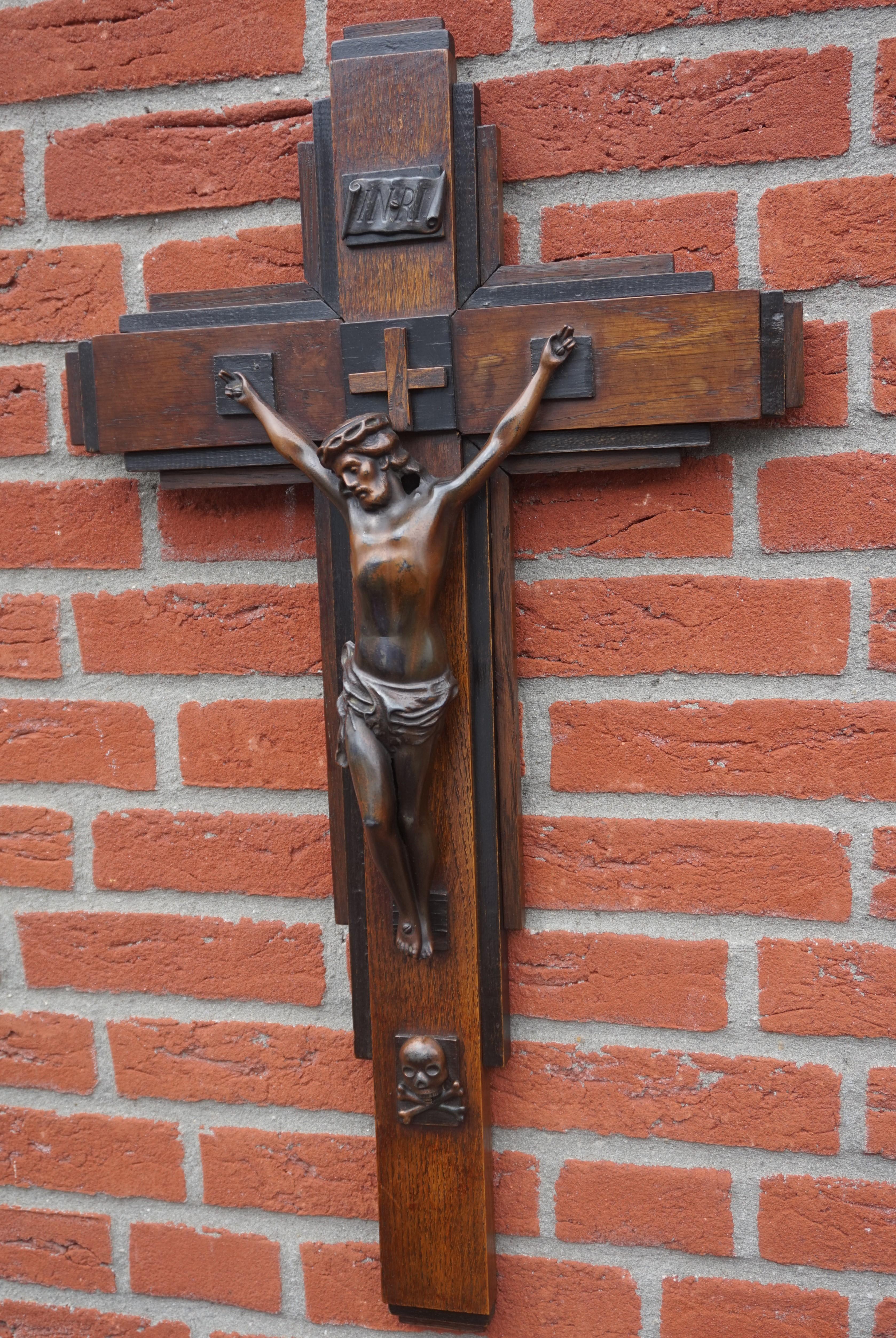 Oak and Ebonized Oak Art Deco Crucifix with a Bronzed Spelter Corpus of Christ 12