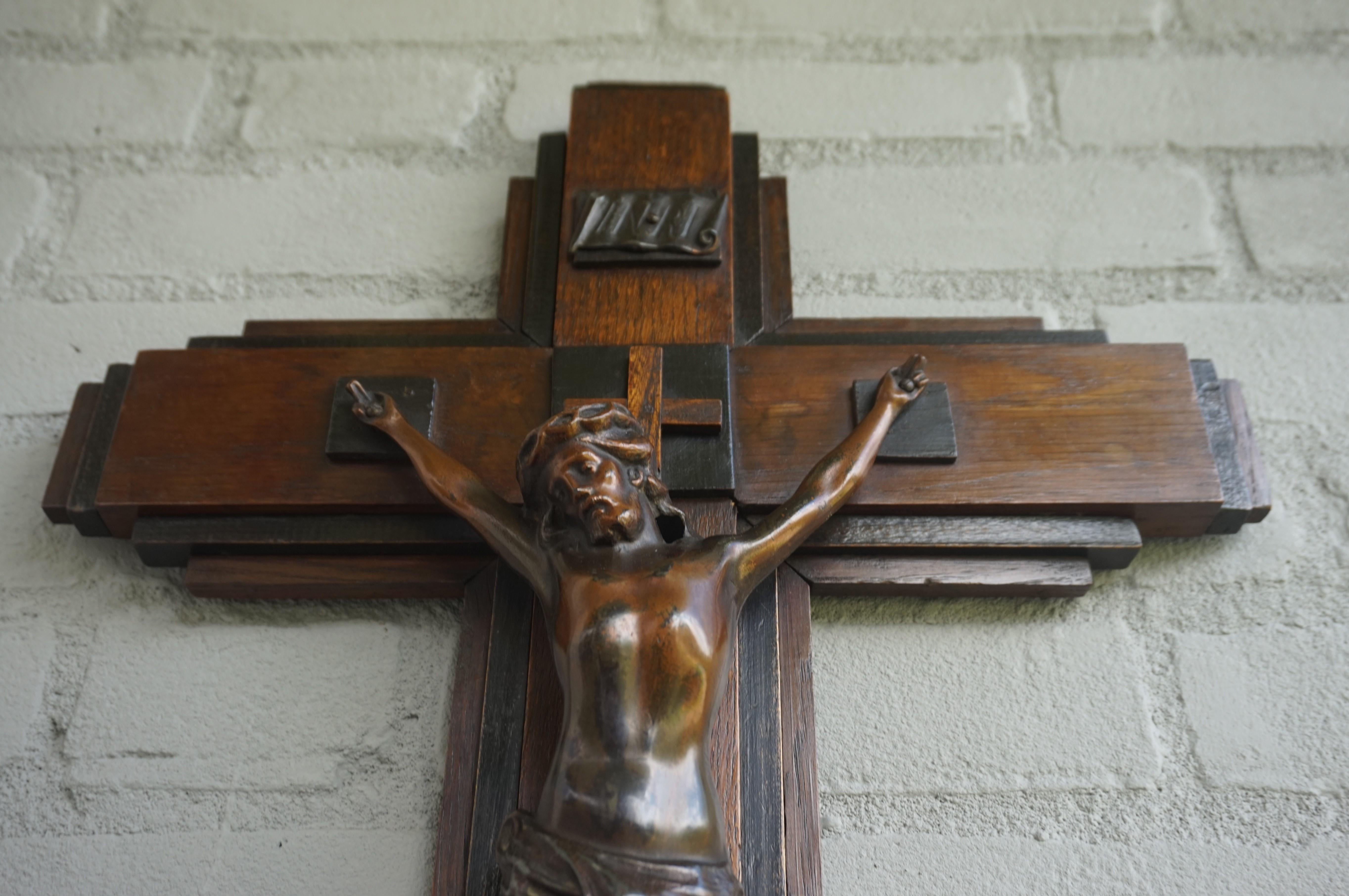 Dutch Oak and Ebonized Oak Art Deco Crucifix with a Bronzed Spelter Corpus of Christ