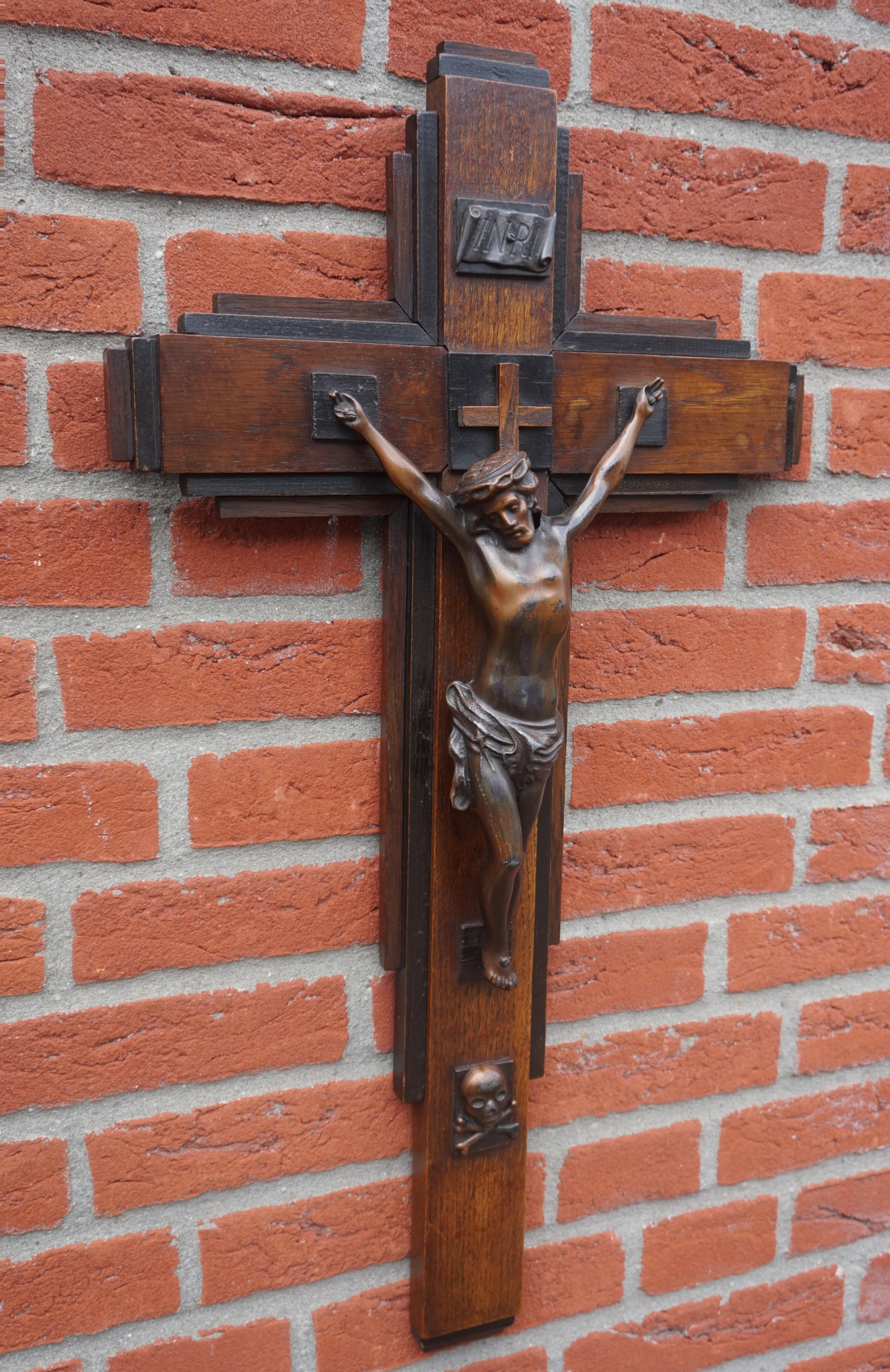 20th Century Oak and Ebonized Oak Art Deco Crucifix with a Bronzed Spelter Corpus of Christ