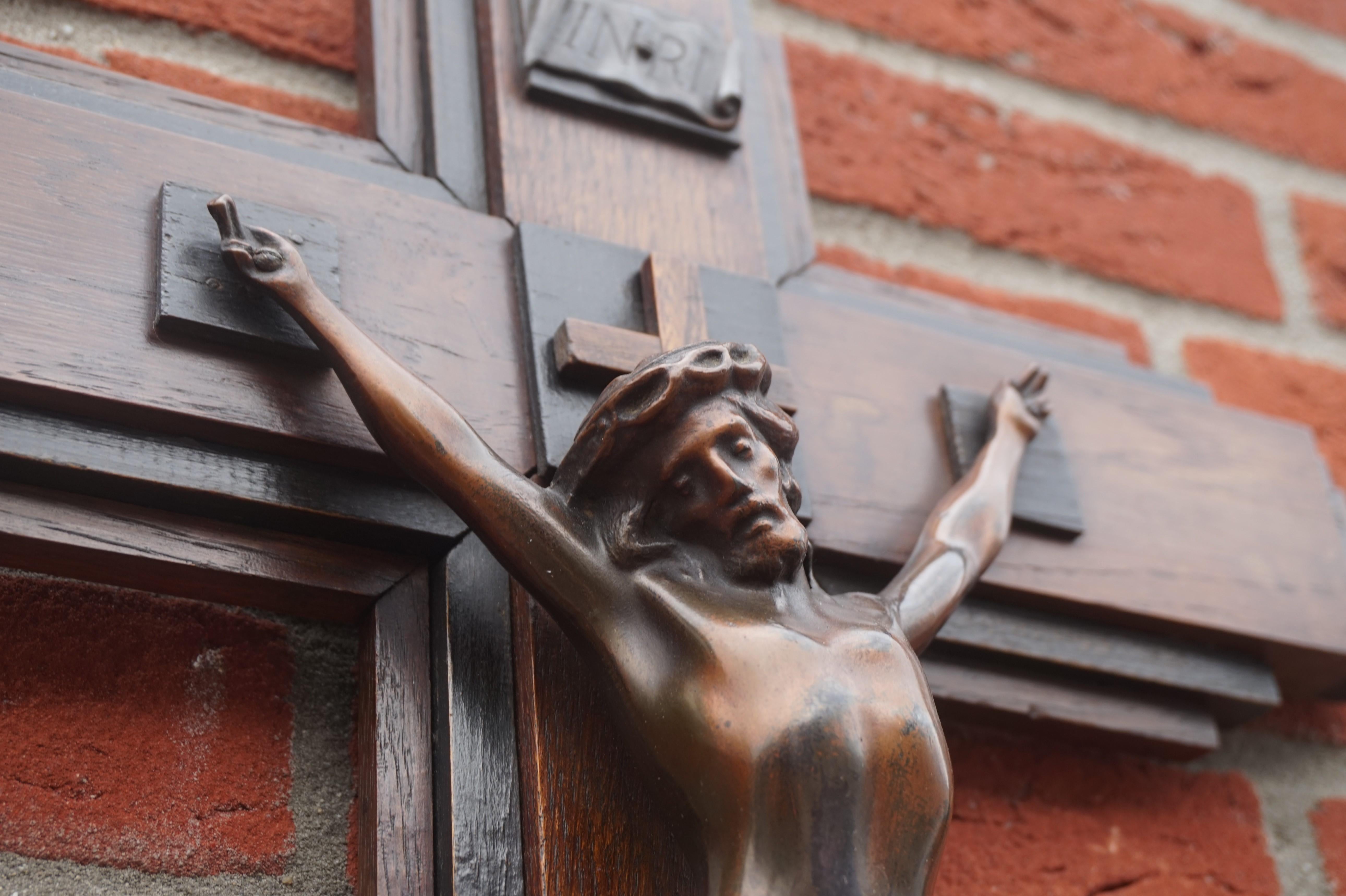 Oak and Ebonized Oak Art Deco Crucifix with a Bronzed Spelter Corpus of Christ 1