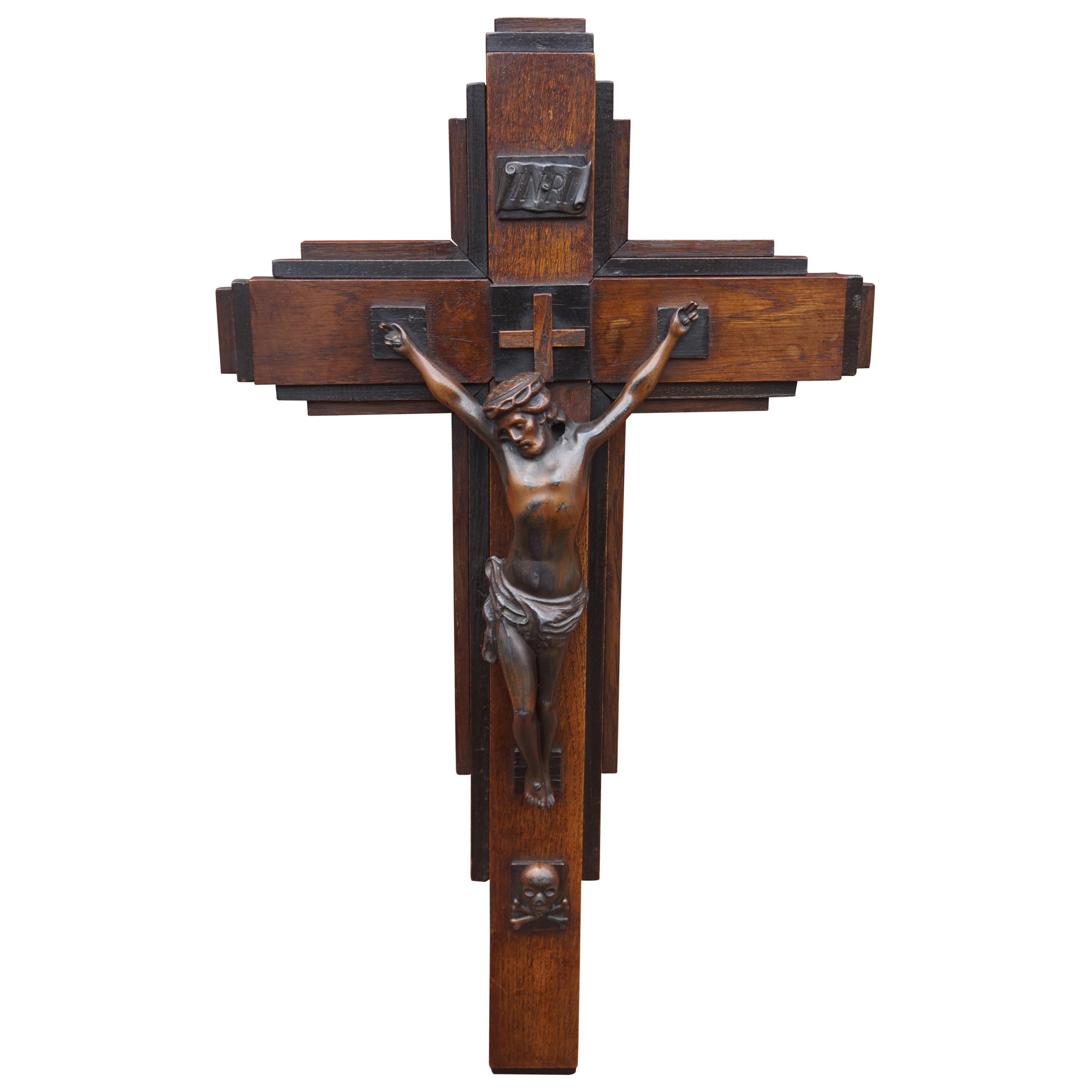 Oak and Ebonized Oak Art Deco Crucifix with a Bronzed Spelter Corpus of Christ