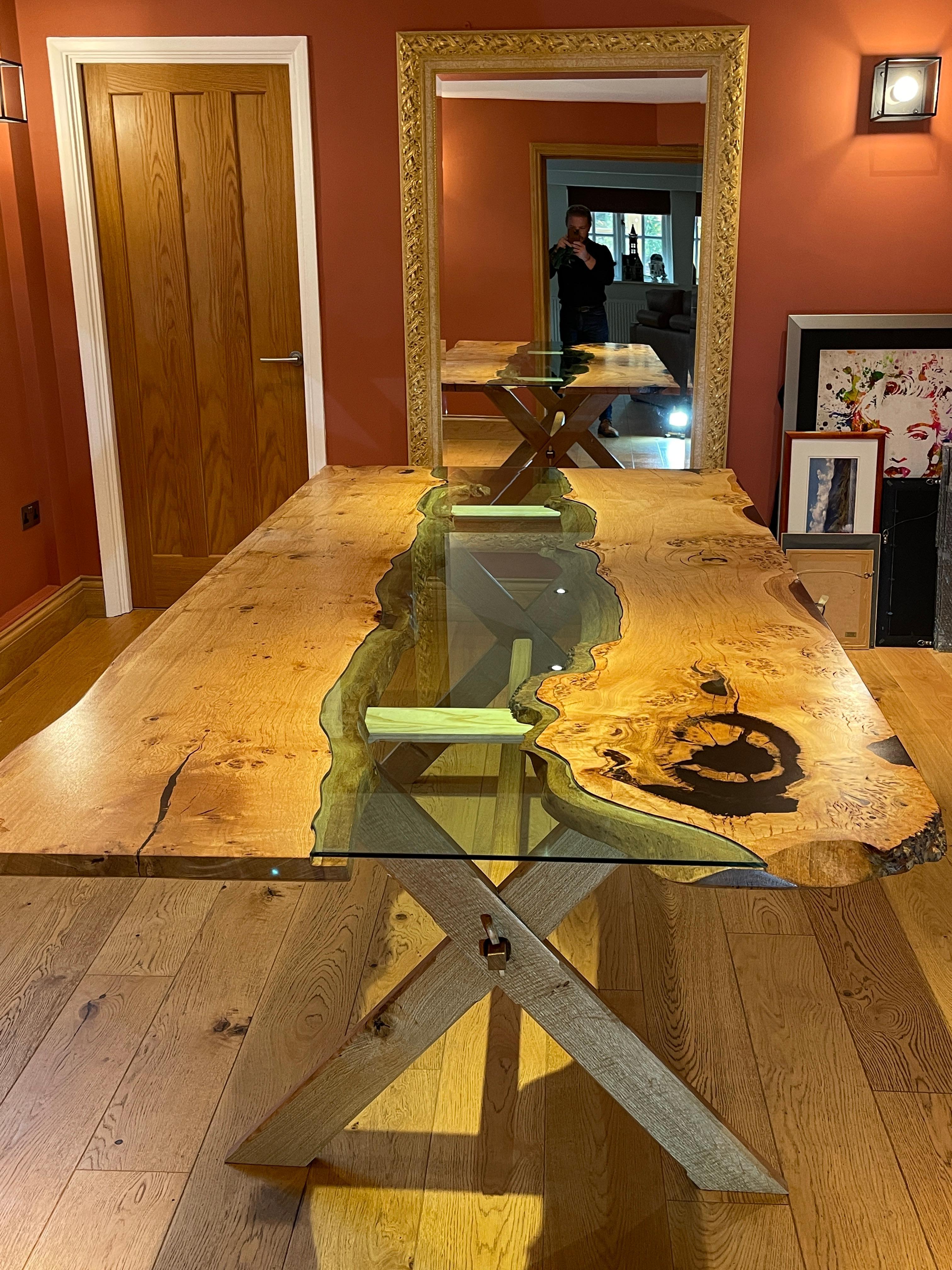 Contemporary Oak and glass dining table For Sale