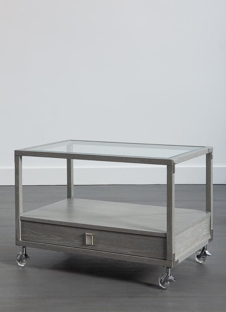 Oak and Glass Side Table on Lucite Wheels For Sale at 1stDibs