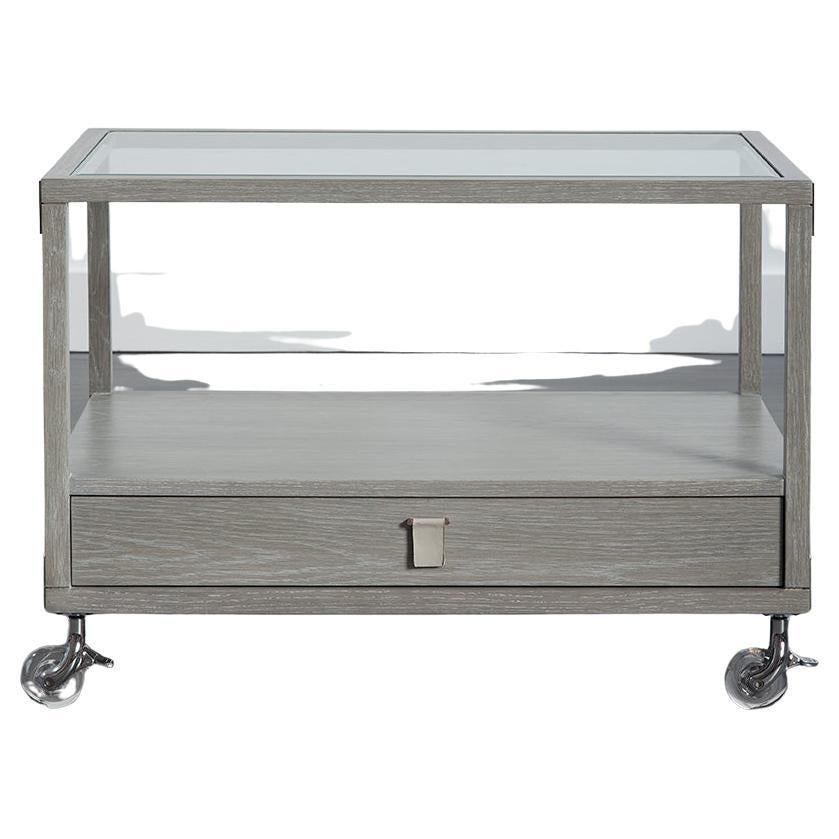 Oak and Glass Side Table on Lucite Wheels