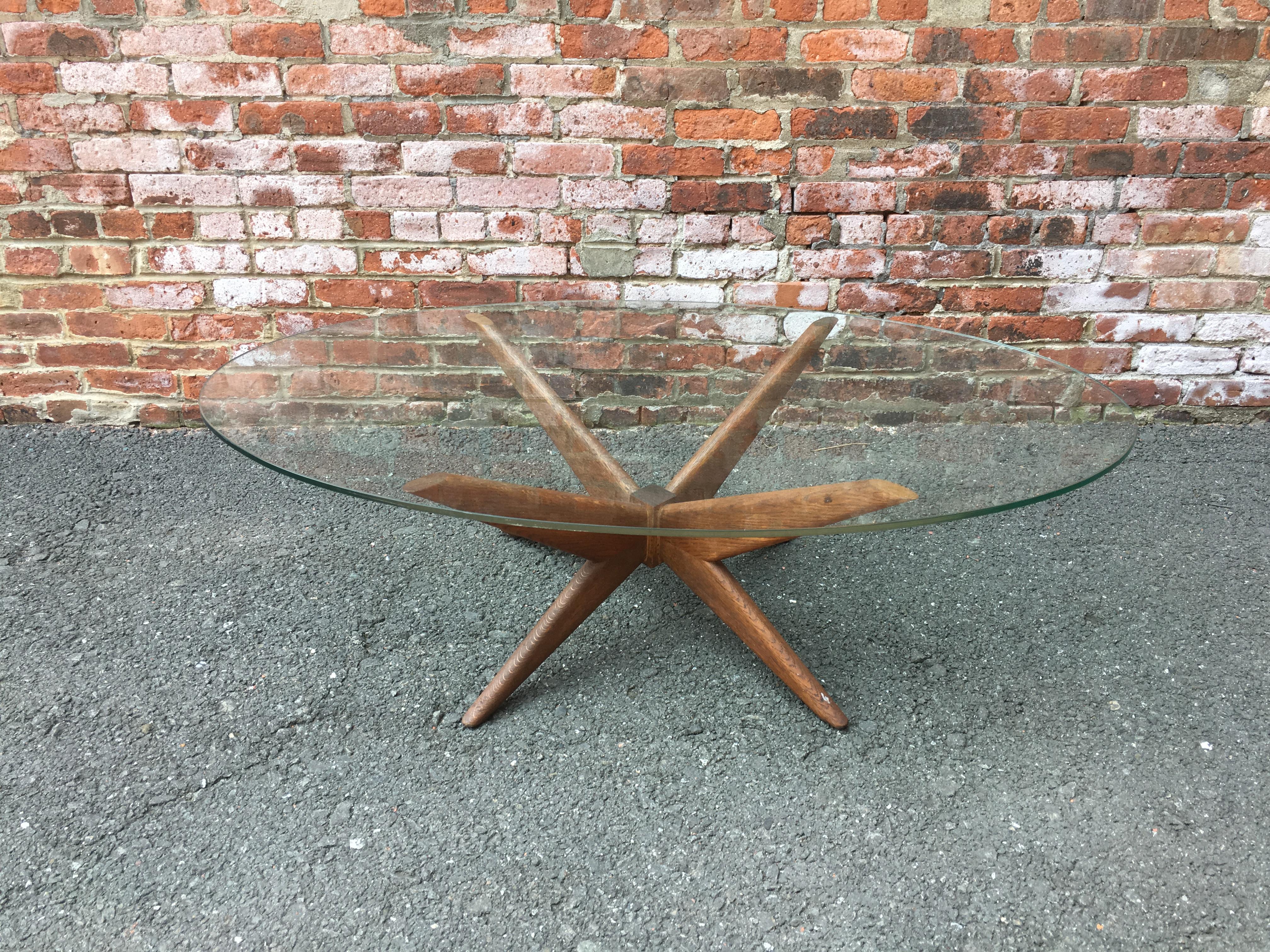 Mid-Century Modern Oak and Glass Starburst Coffee Table