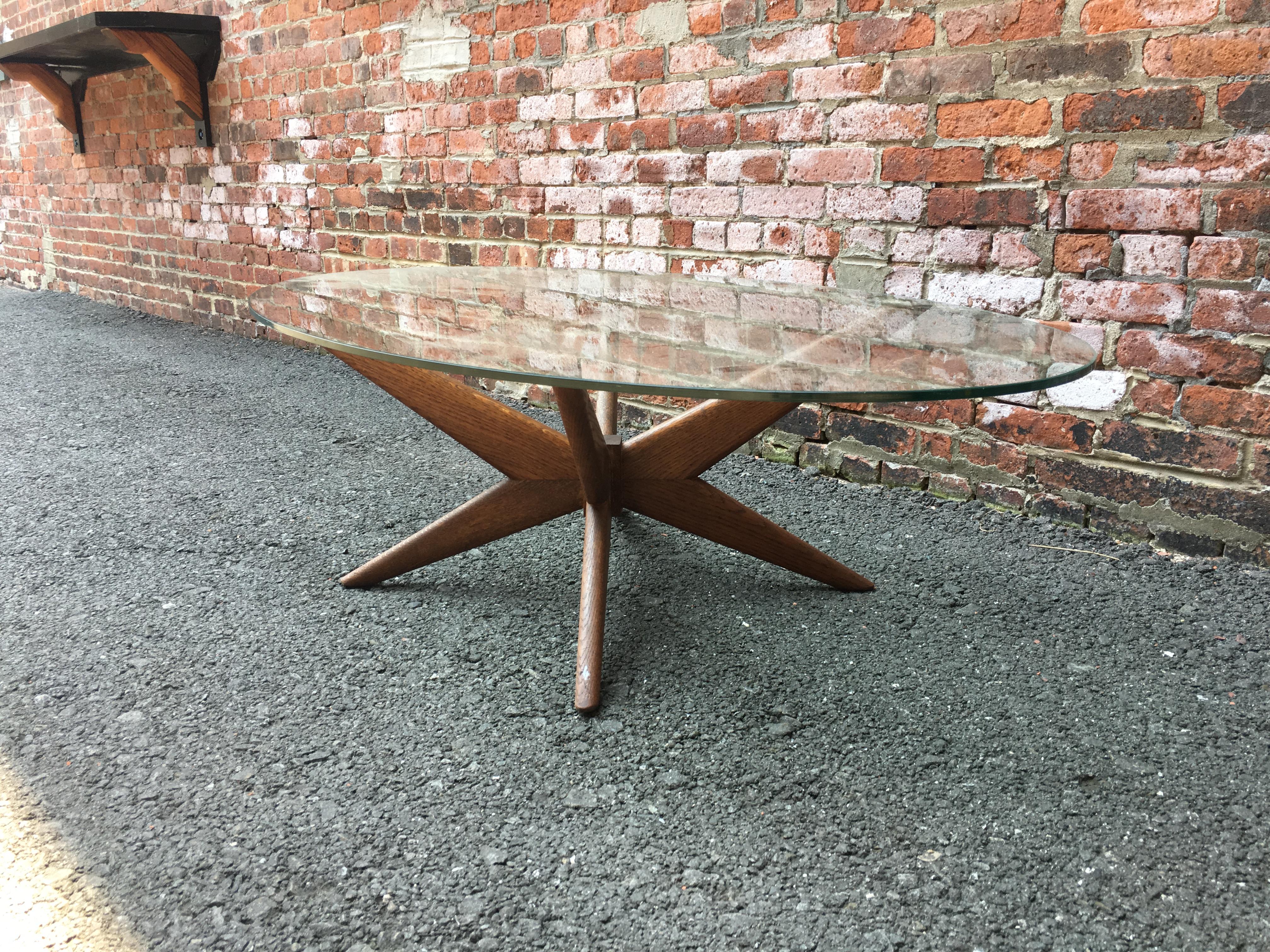 Oak and Glass Starburst Coffee Table In Good Condition In Garnerville, NY