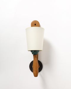 Oak and Glazed Ceramic Wall Sconce by Guillerme and Chambron, France, c. 1960