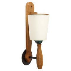 Oak and Glazed Ceramic Wall Sconce by Guillerme and Chambron, France, c. 1960