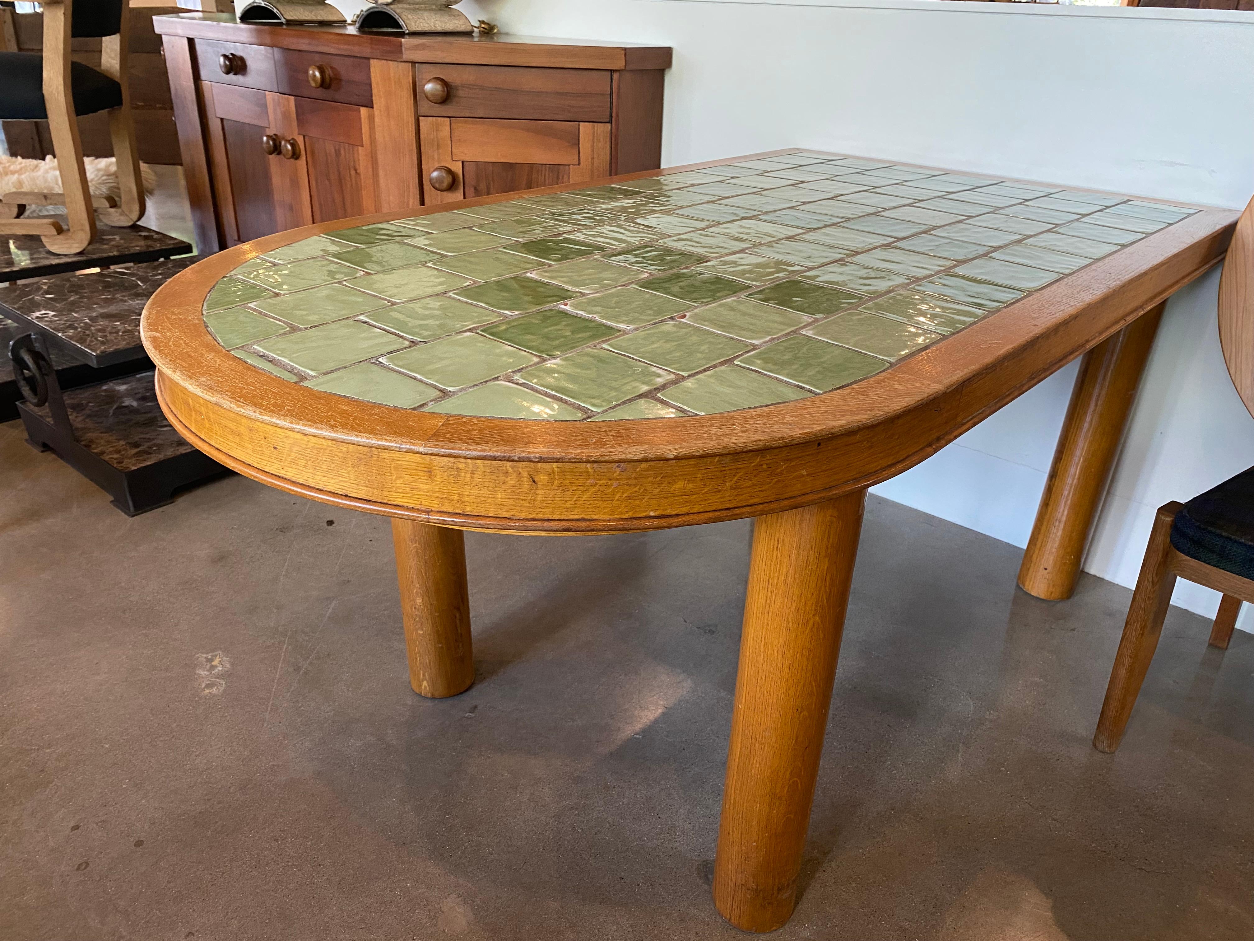 Mid-Century Modern Oak and Green Ceramic Tile Dining Table, France, 1940-50's