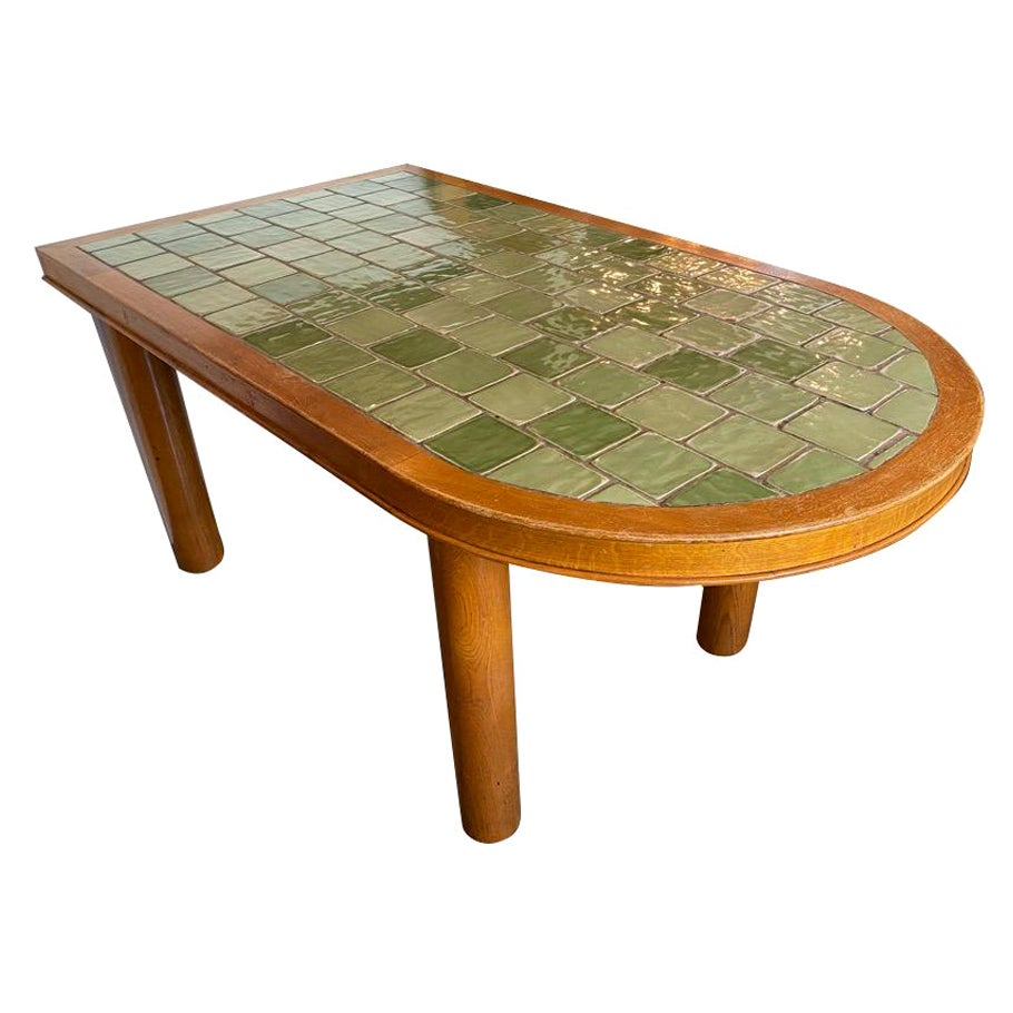 Oak and Green Ceramic Tile Dining Table, France, 1940-50
s
