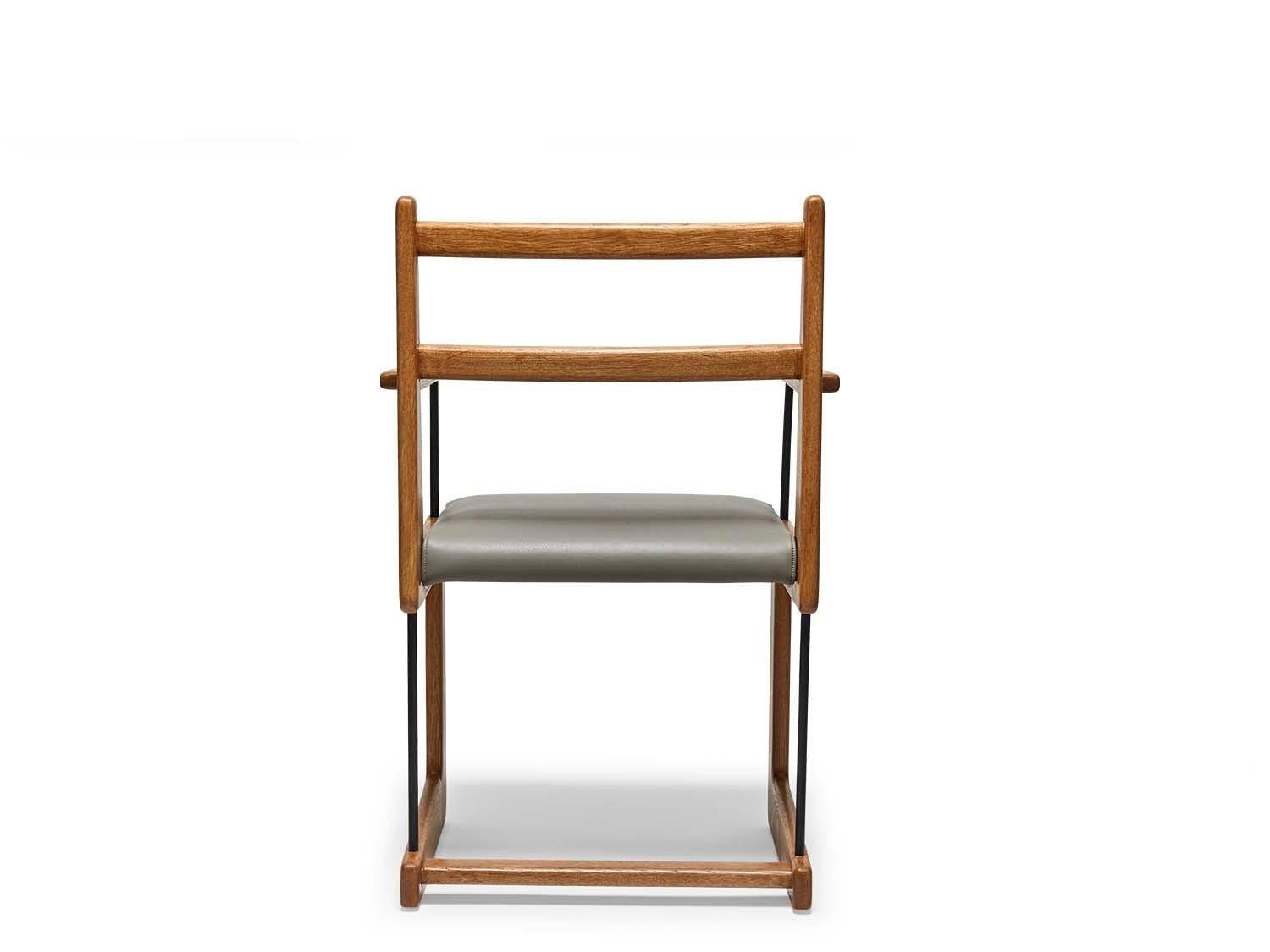 American Oak and Grey Leather Cruz Dining Chair with Arms by Lawson-Fenning