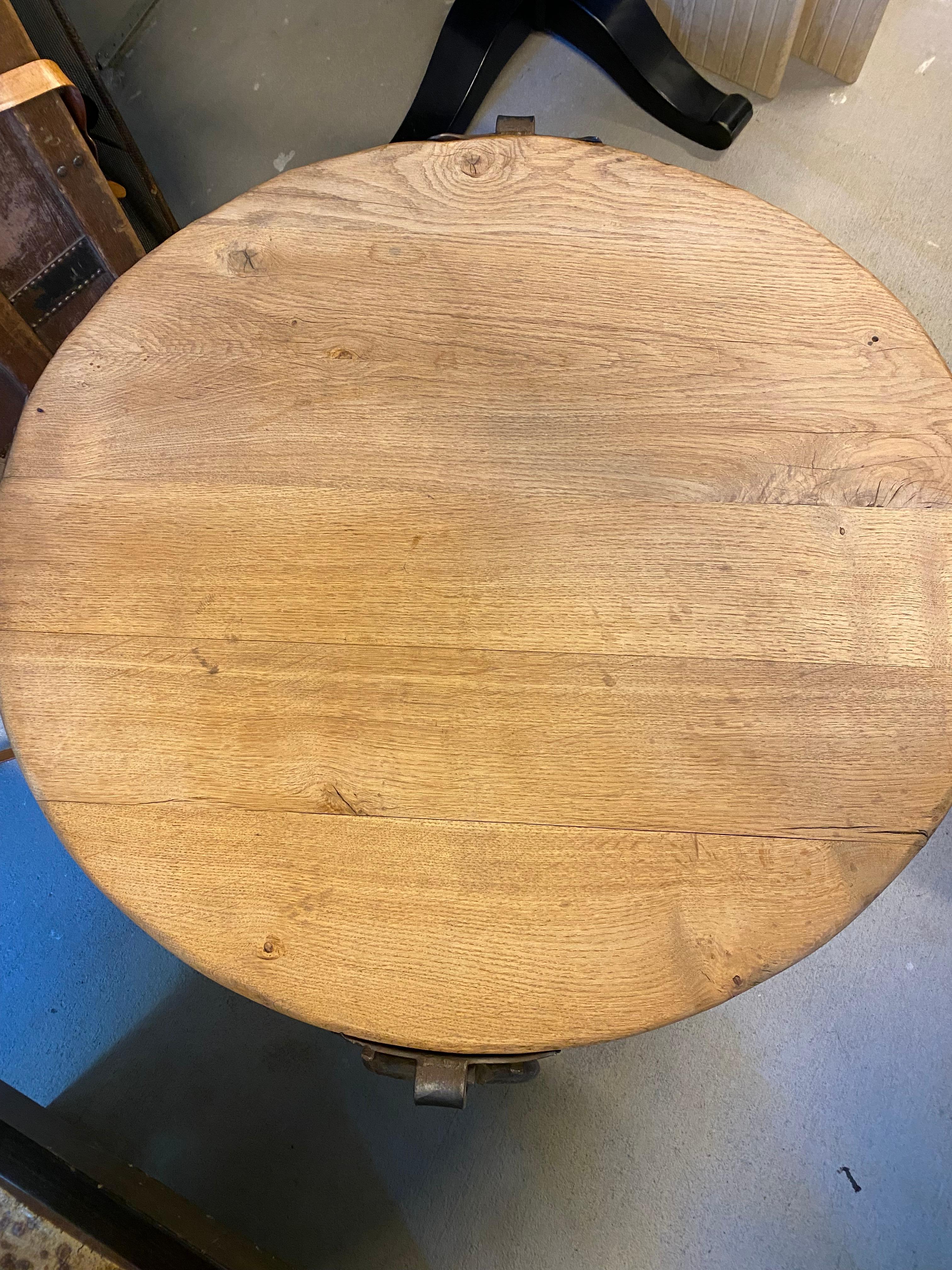 French Oak and Iron Round Cocktail or Side Table, France, 1940's For Sale