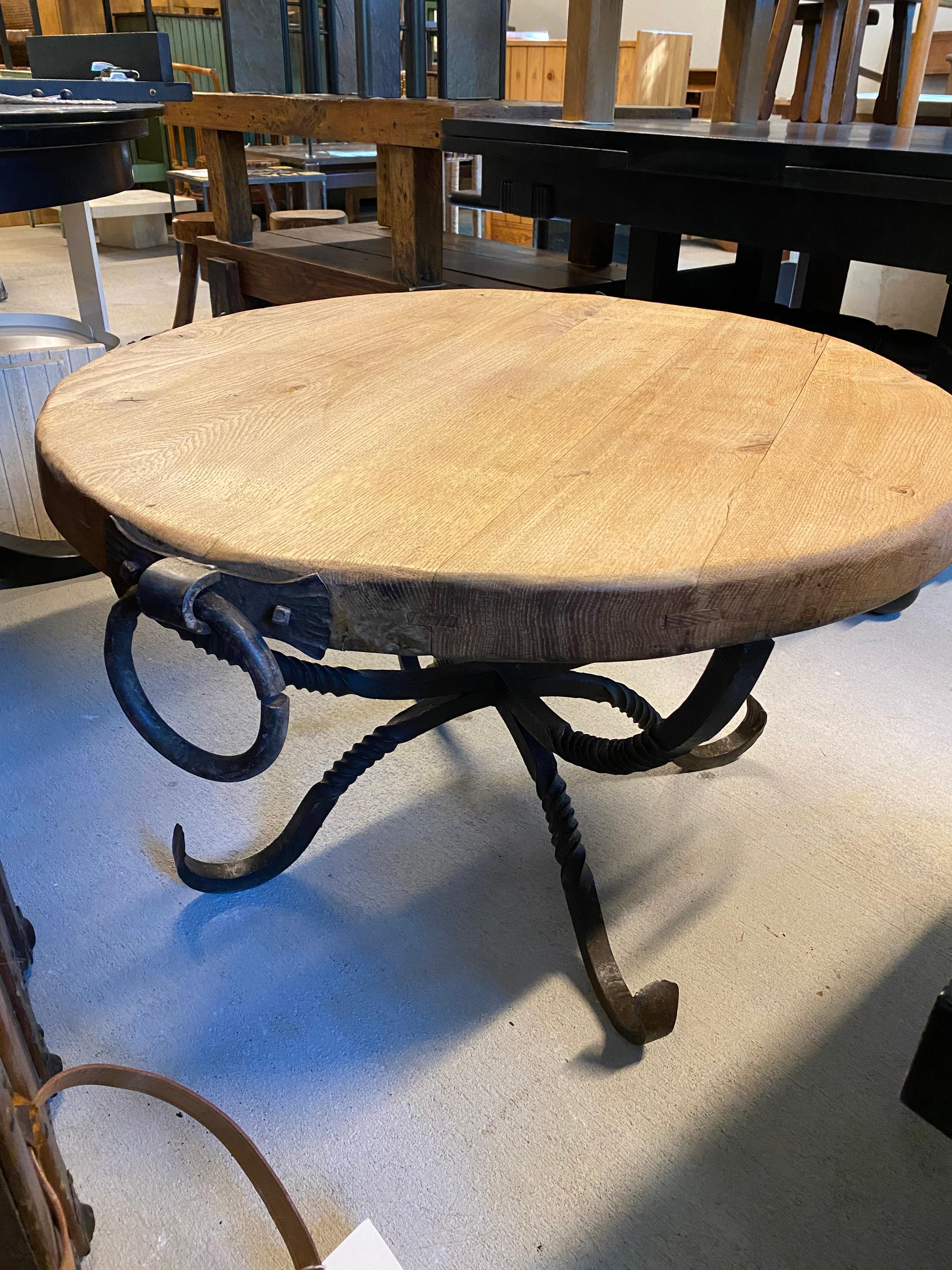 Oak and Iron Round Cocktail or Side Table, France, 1940's For Sale 2