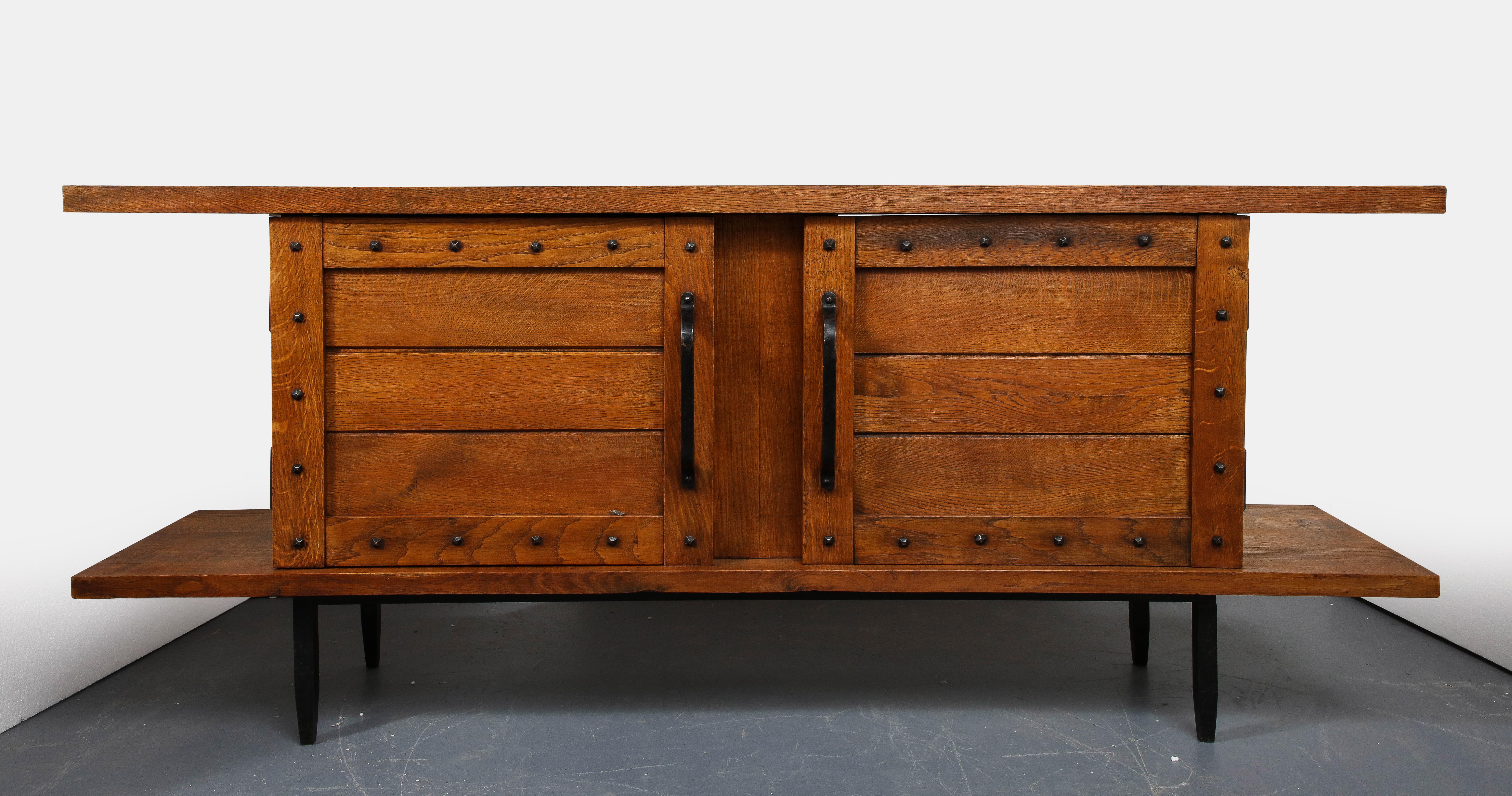 Wrought Iron Oak and Iron Sideboard by the Artisans of Les Marolles, France, Mid-20th Century