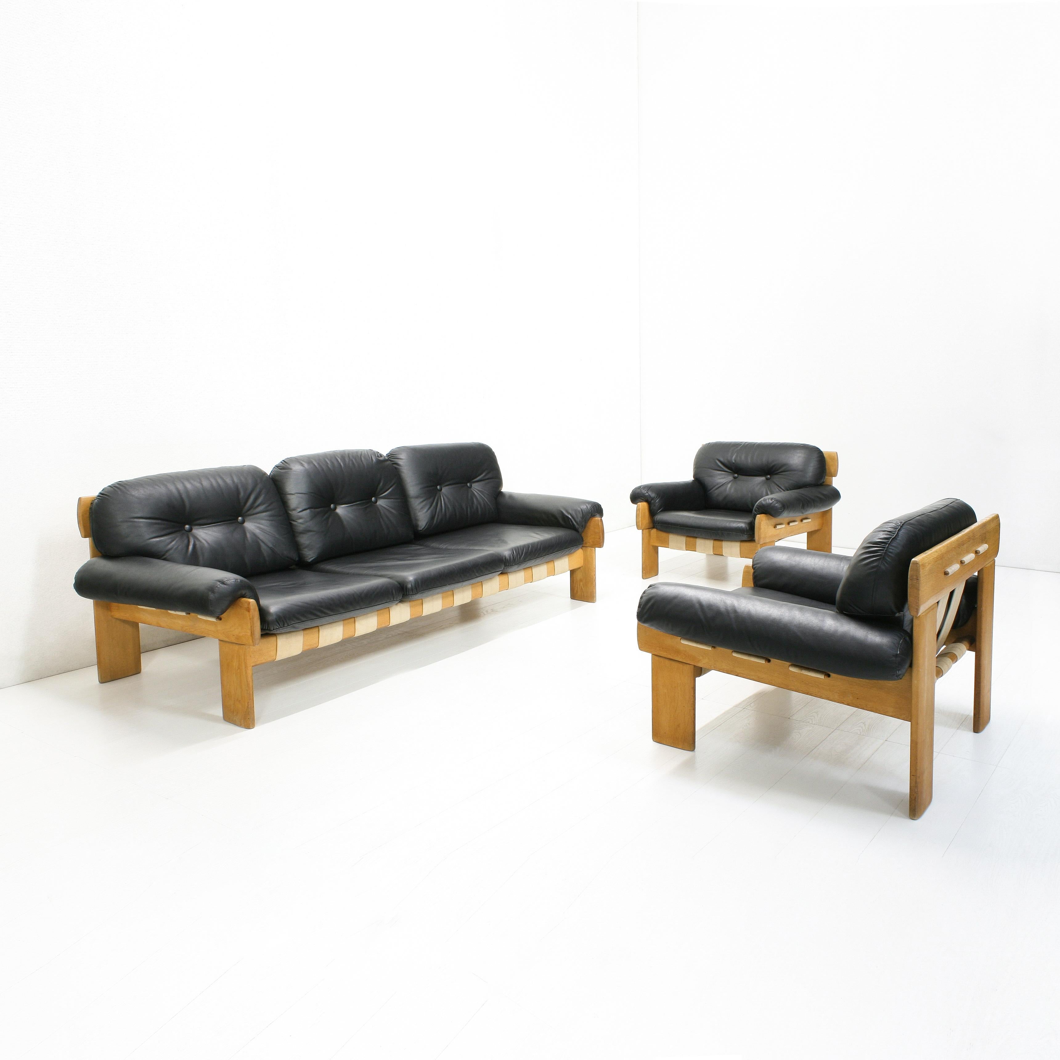 Mid-Century Modern Oak and Leather Africa Armchairs and Sofa by Esko Pajamies for Asko Oy, 1970s For Sale
