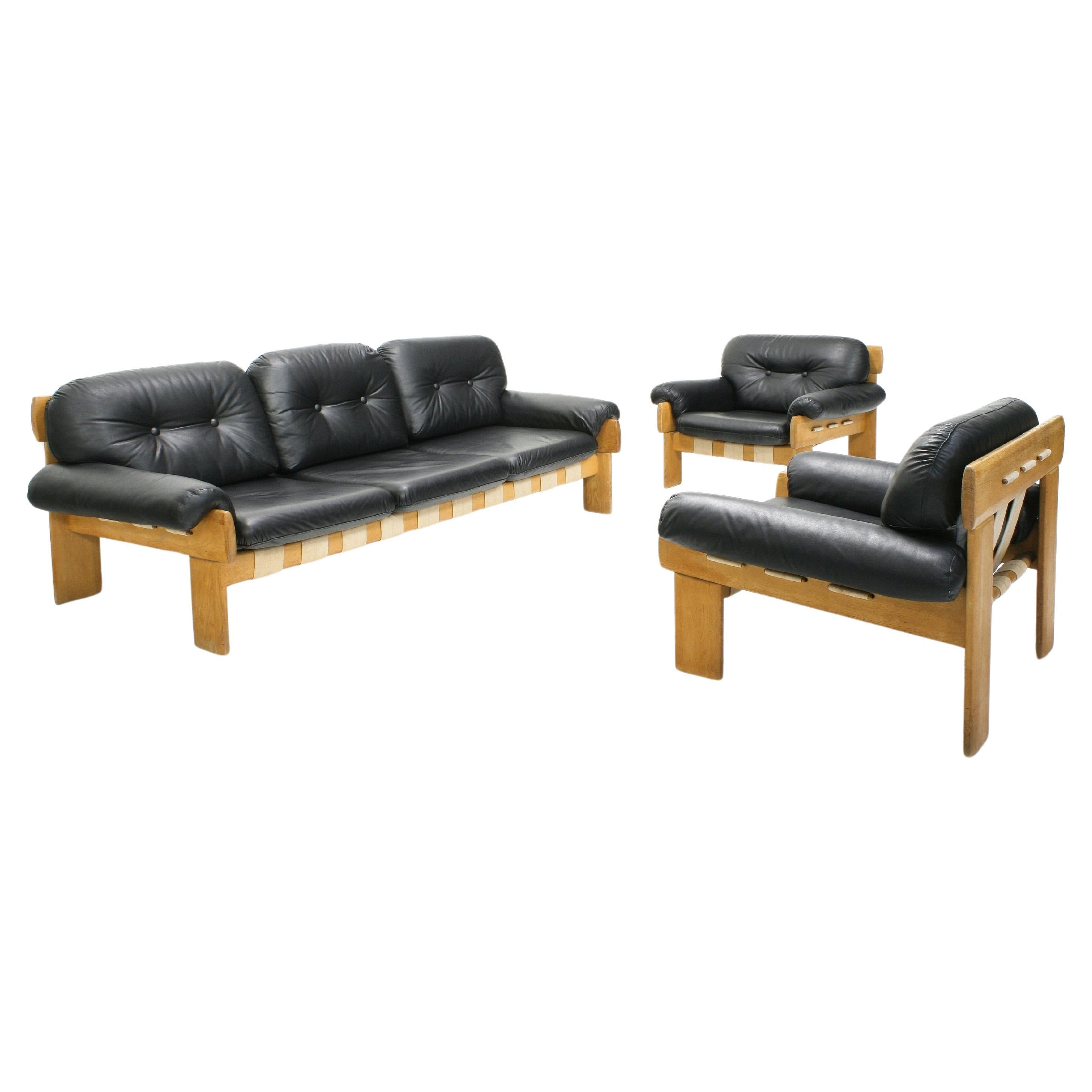 Afrika-Sessel und Sofa aus Eiche und Leder von Esko Pajamies für Asko Oy, 1970er Jahre im Angebot