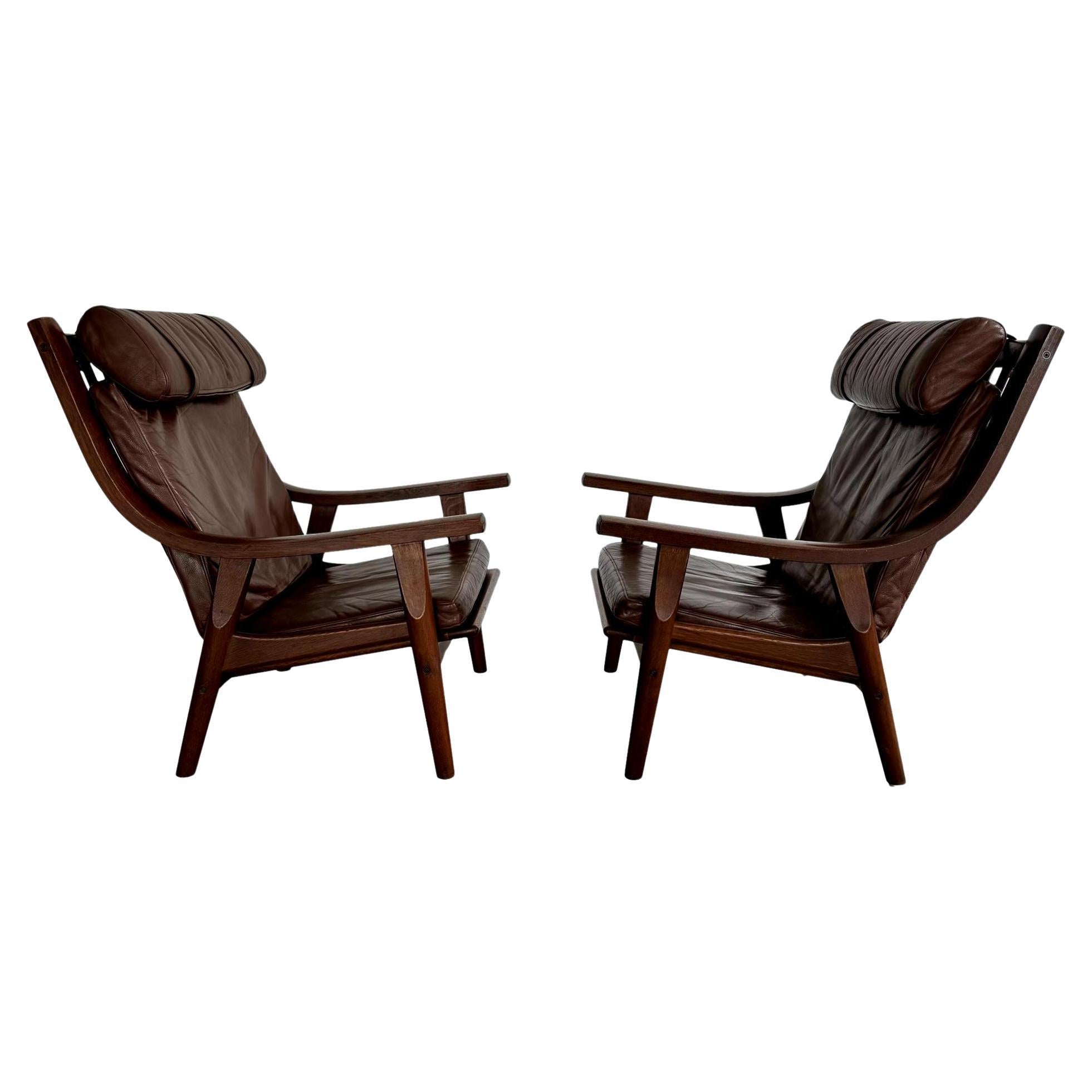 Oak and Leather Armchairs by Hans Wegner, Denmark 1960s