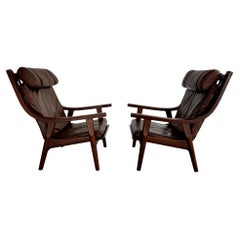 Oak and Leather Armchairs by Hans Wegner, Denmark 1960s