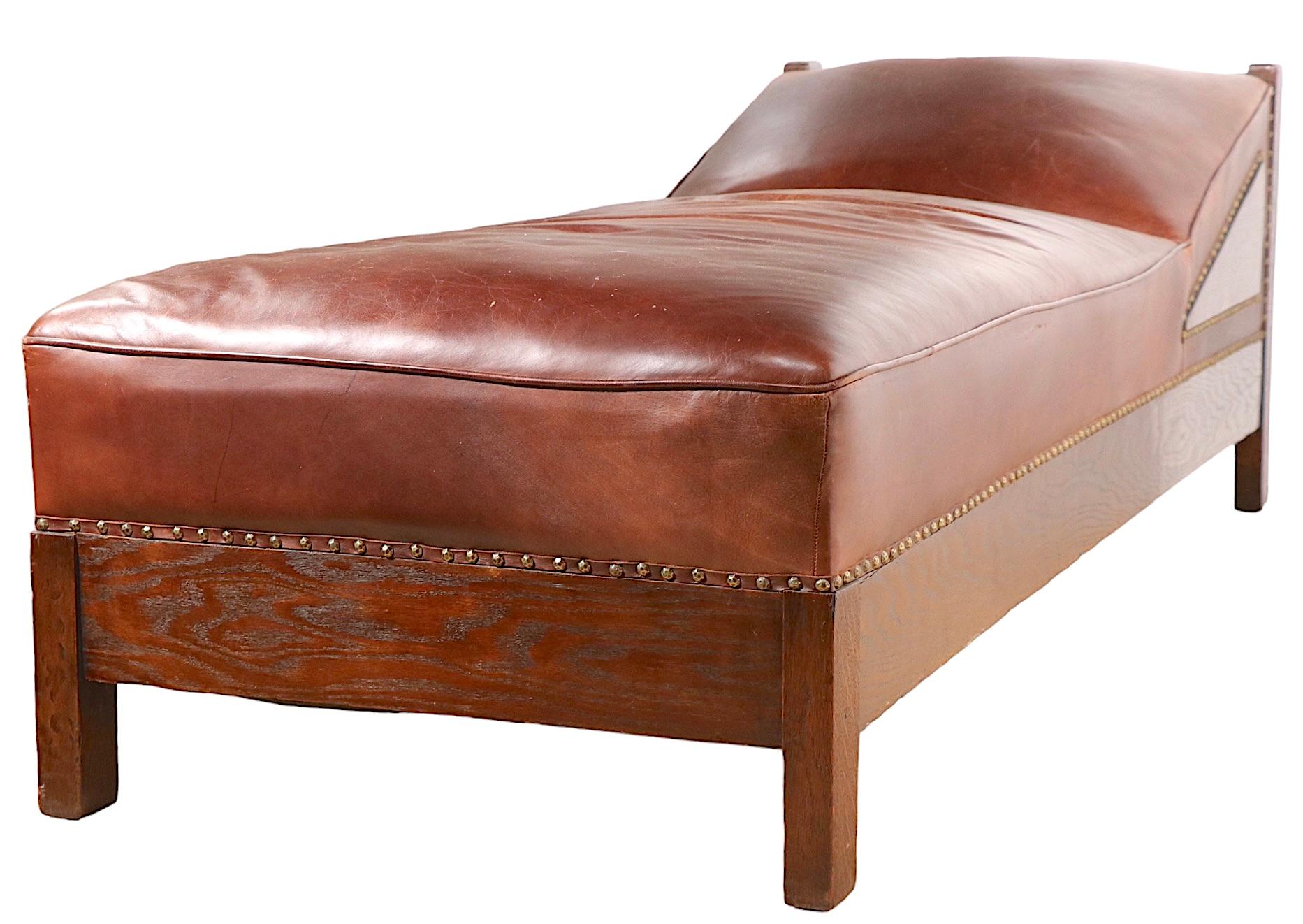 20th Century Oak and Leather Arts and Crafts Mission Daybed Chaise Lounge c. 1900 -1920's