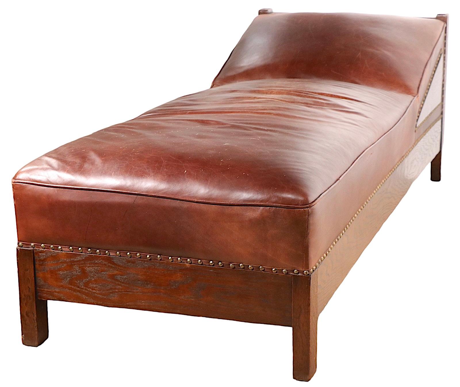 Oak and Leather Arts and Crafts Mission Daybed Chaise Lounge c. 1900 -1920's 1