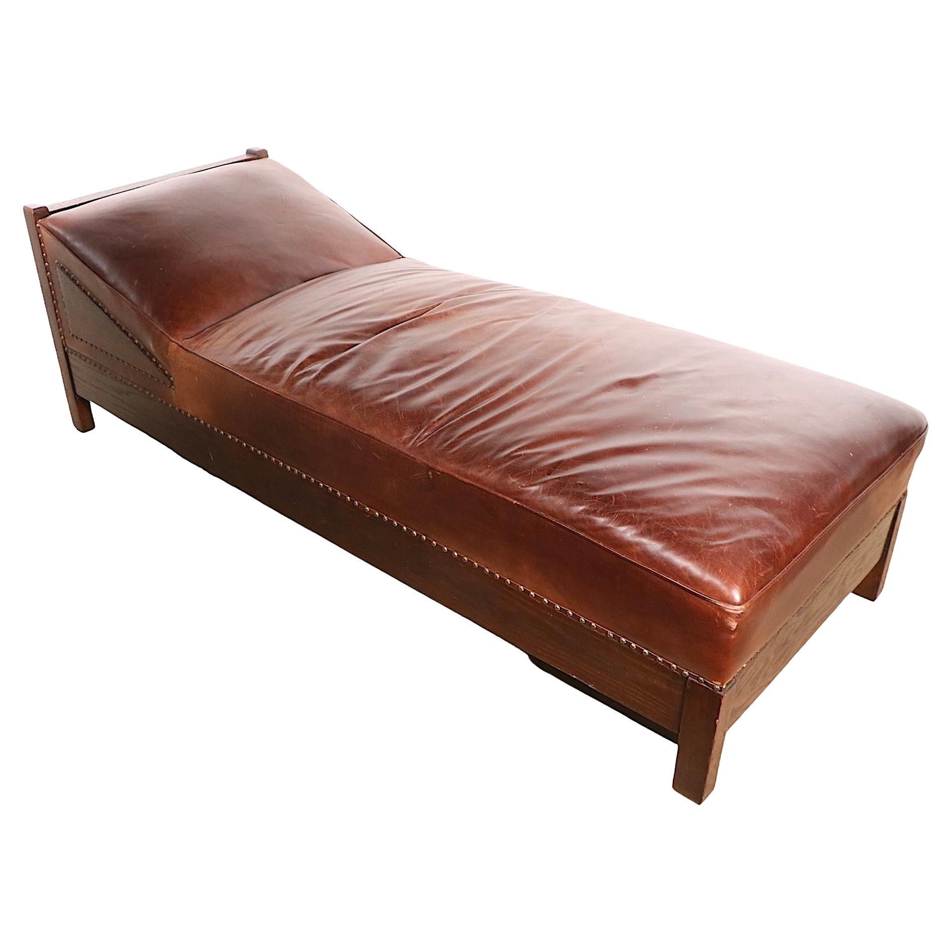 Oak and Leather Arts and Crafts Mission Daybed Chaise Lounge c. 1900 -1920's