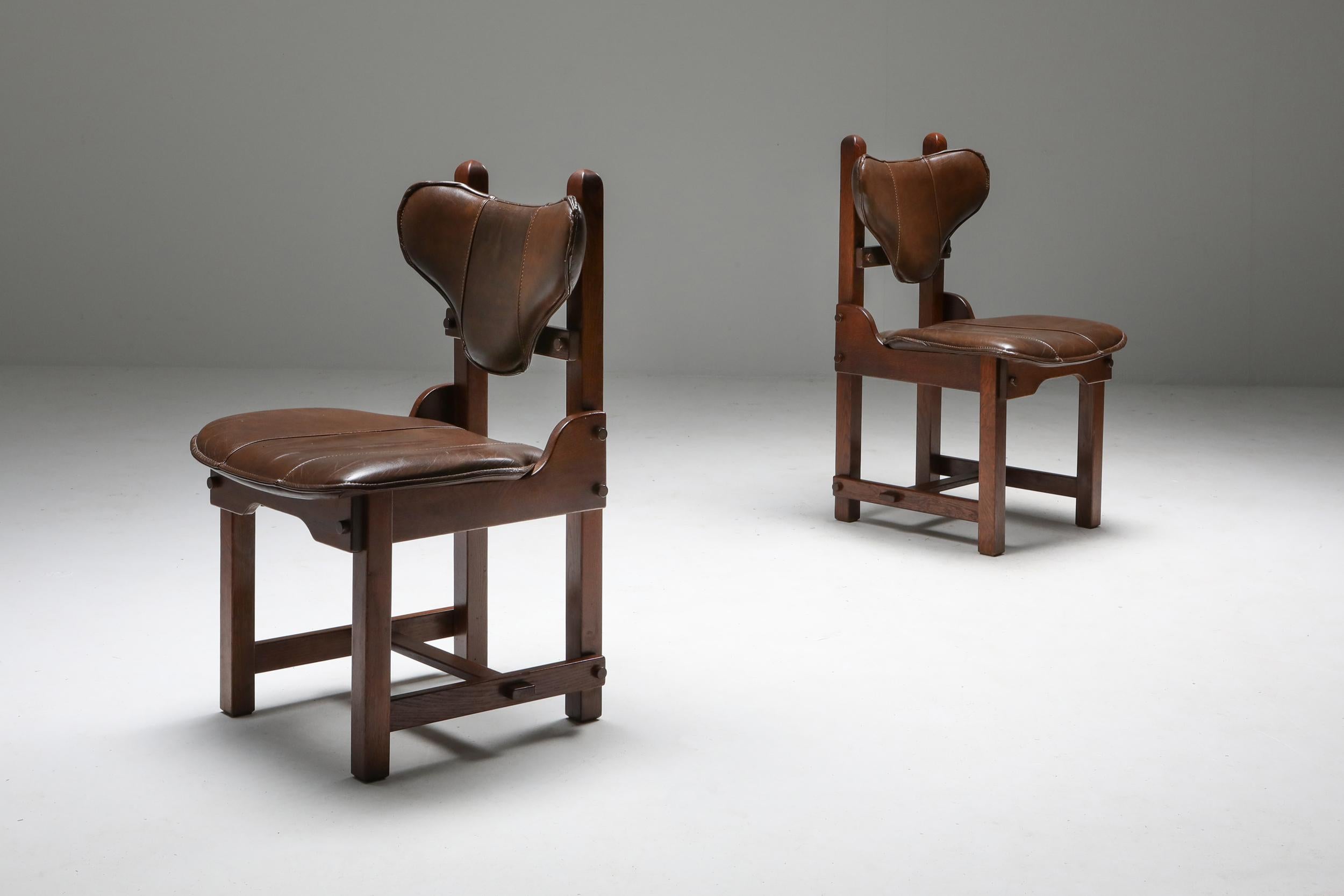Belgian Oak and Leather Brutalist Chairs, Belgium, 1970s