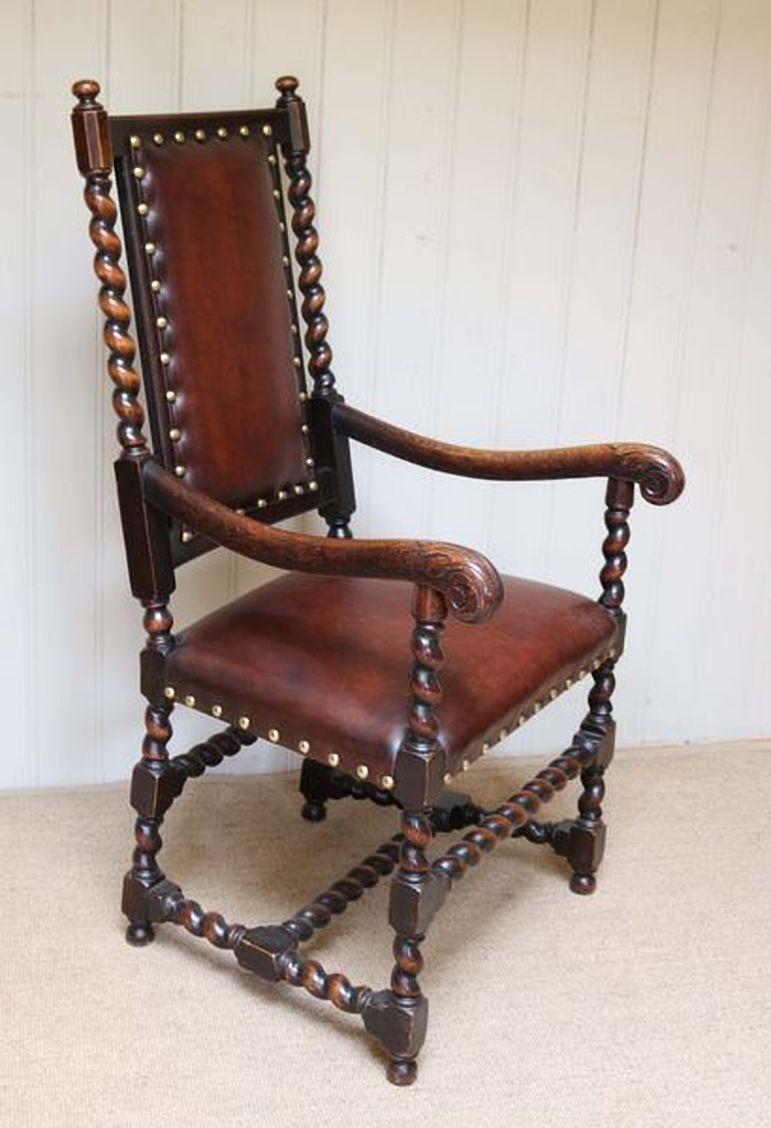 Jacobean Oak and Leather Chair For Sale