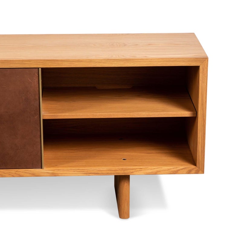 American Oak and Leather Inverness Media Cabinet by Lawson-Fenning For Sale