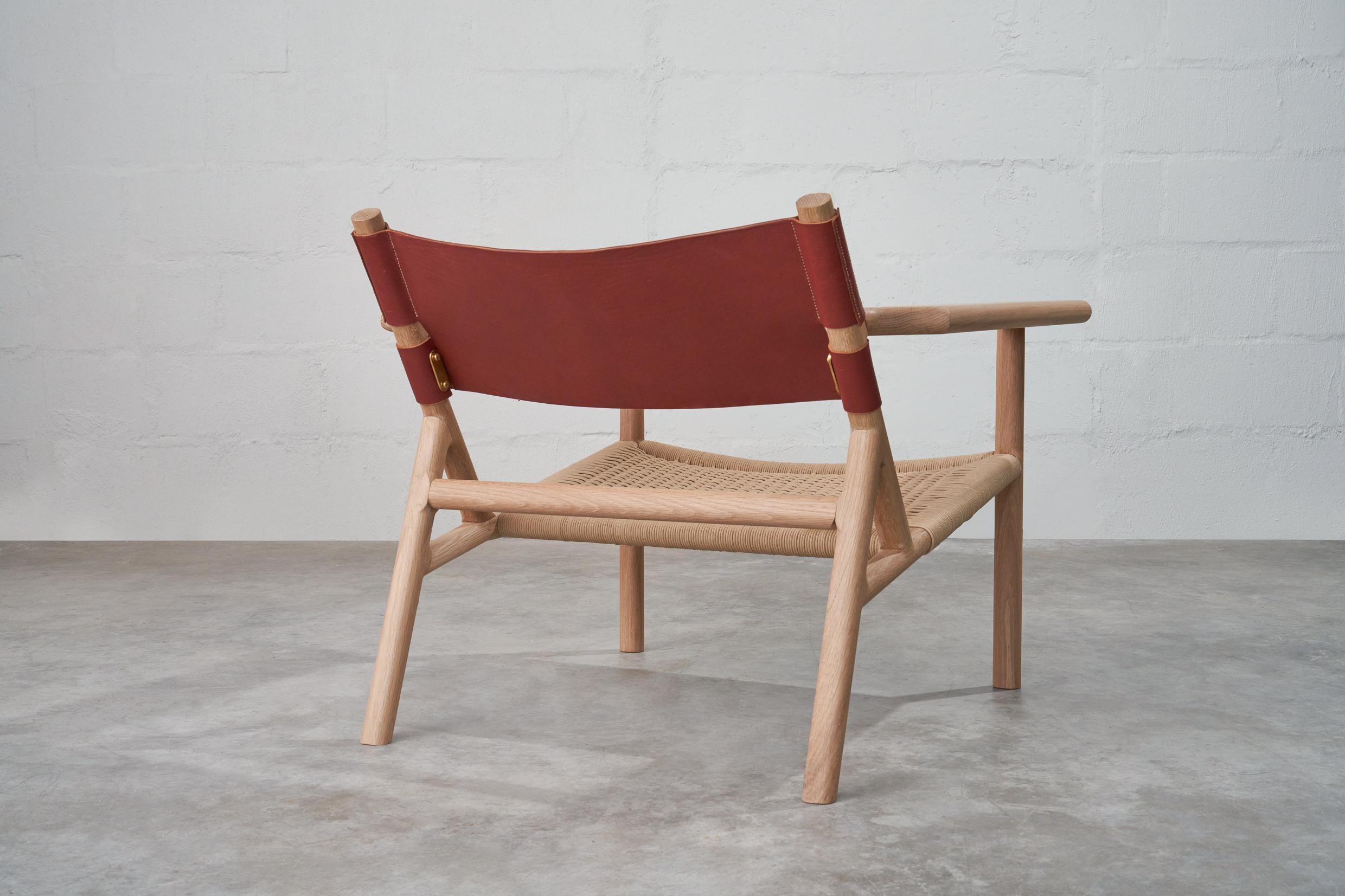 Hand-Crafted Oak and Leather Kruger Chair, woven seat  For Sale