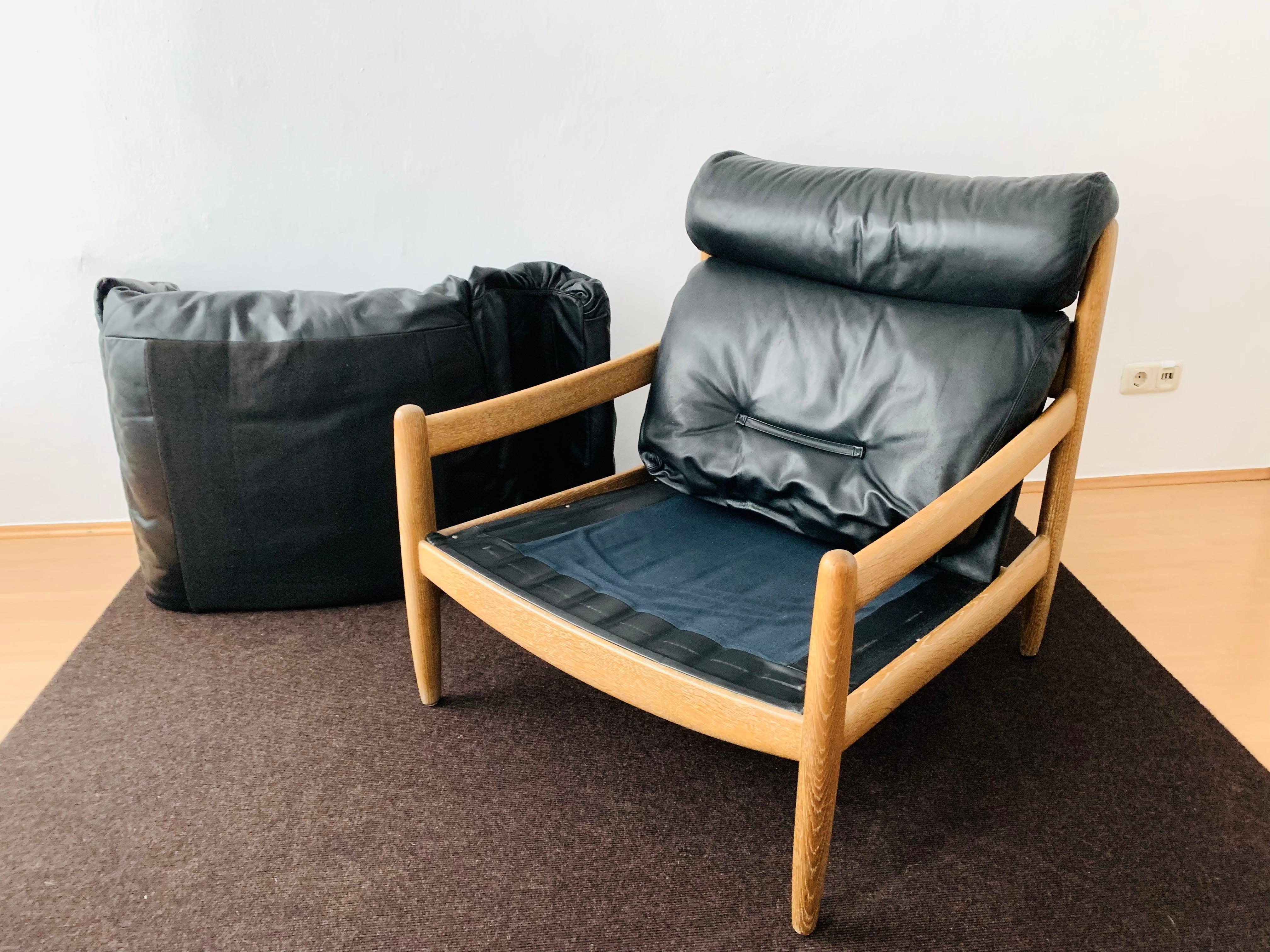 Oak and Leather Lounge Chair with Ottoman For Sale 9