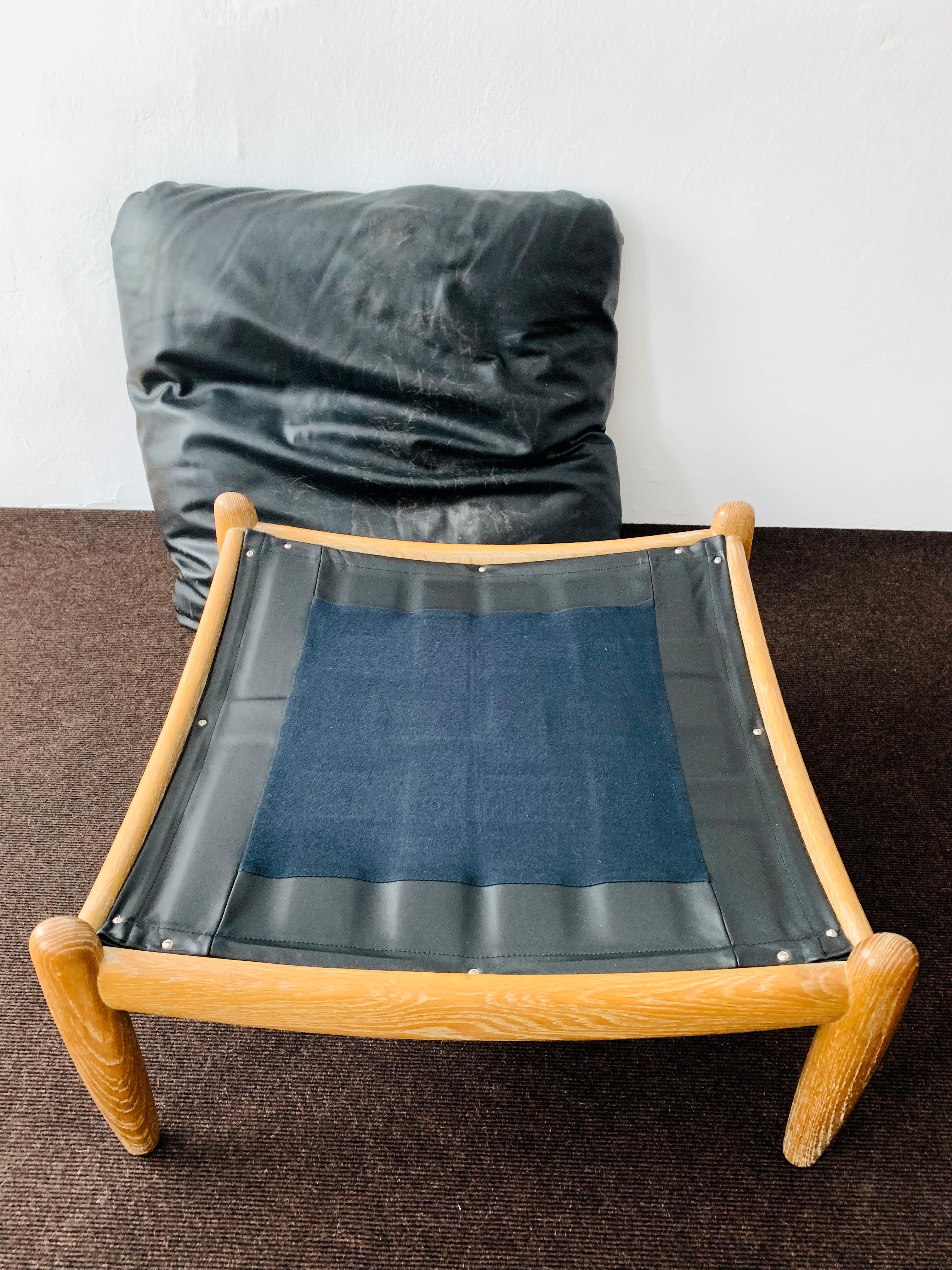 Oak and Leather Lounge Chair with Ottoman For Sale 12