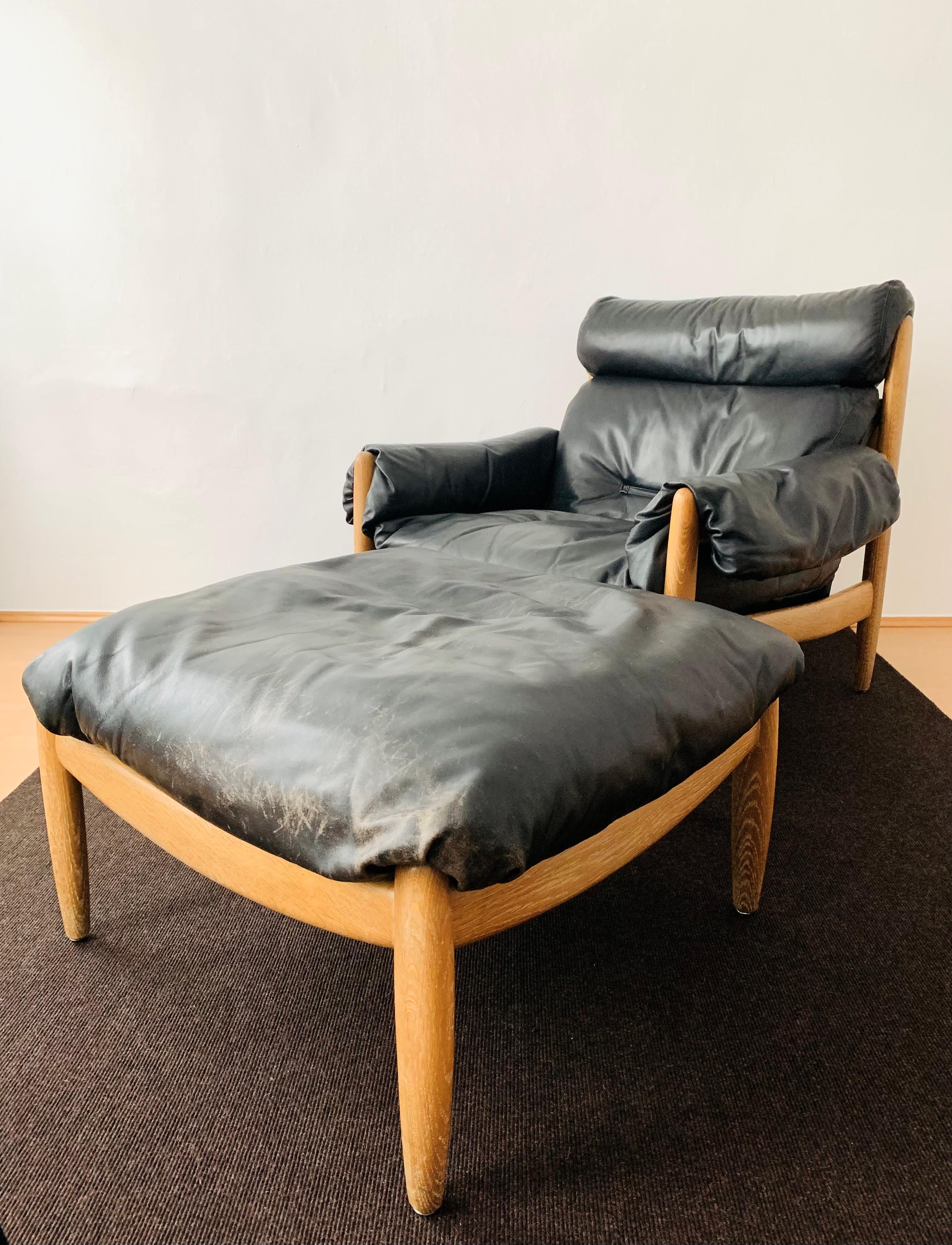 Danish Oak and Leather Lounge Chair with Ottoman For Sale