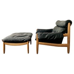 Oak and Leather Lounge Chair with Ottoman
